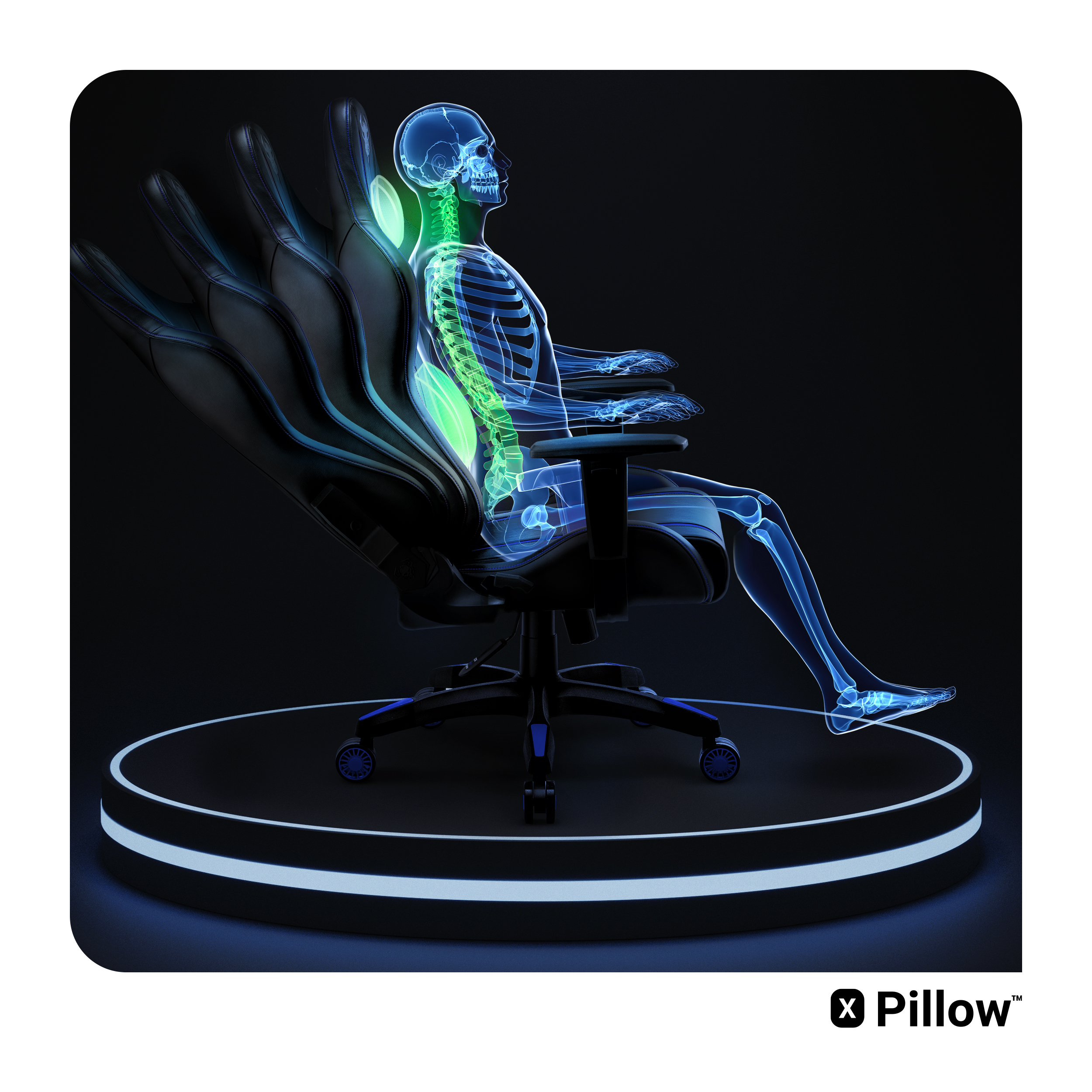 Eine illustrierte Person in einem Gaming-Stuhl mit leuchtender Wirbelsäule und Skelettumriss.