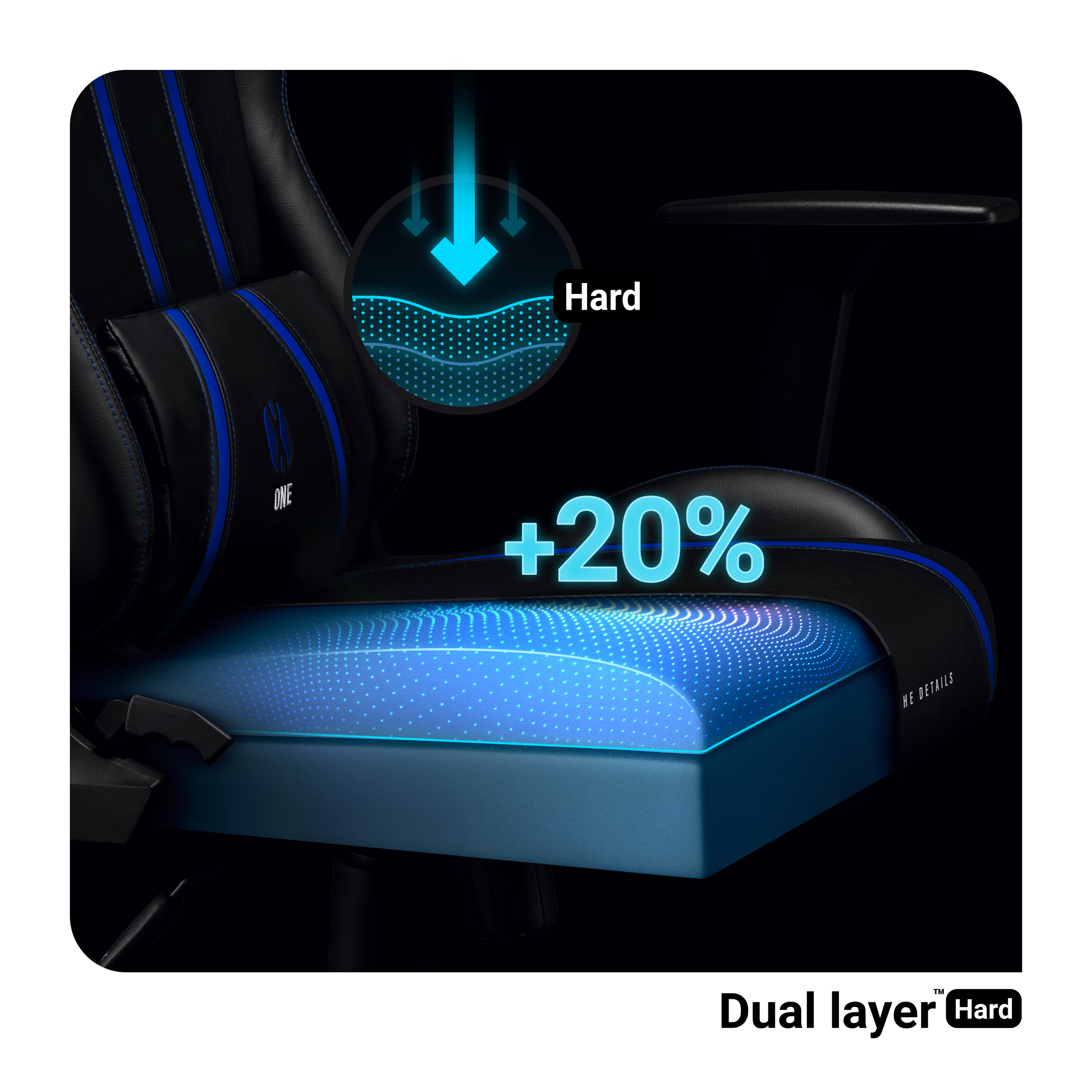 Krzesło gamingowe z podwójną warstwą wypełnienia. Niebieskie akcenty i tekst. Czarne tło.