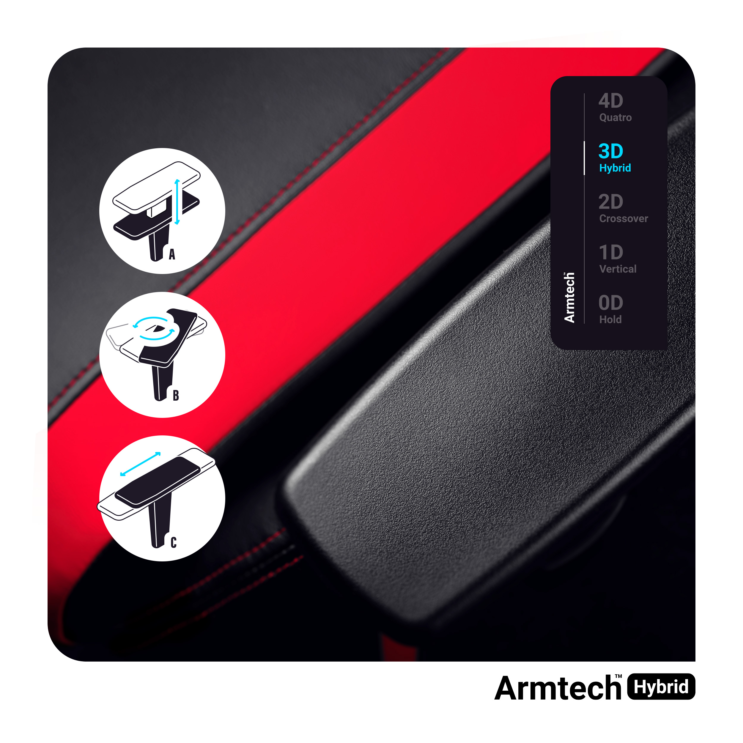 Podłokietnik z czerwonym akcentem i czarną powierzchnią. Diagram pokazuje opcje regulacji.