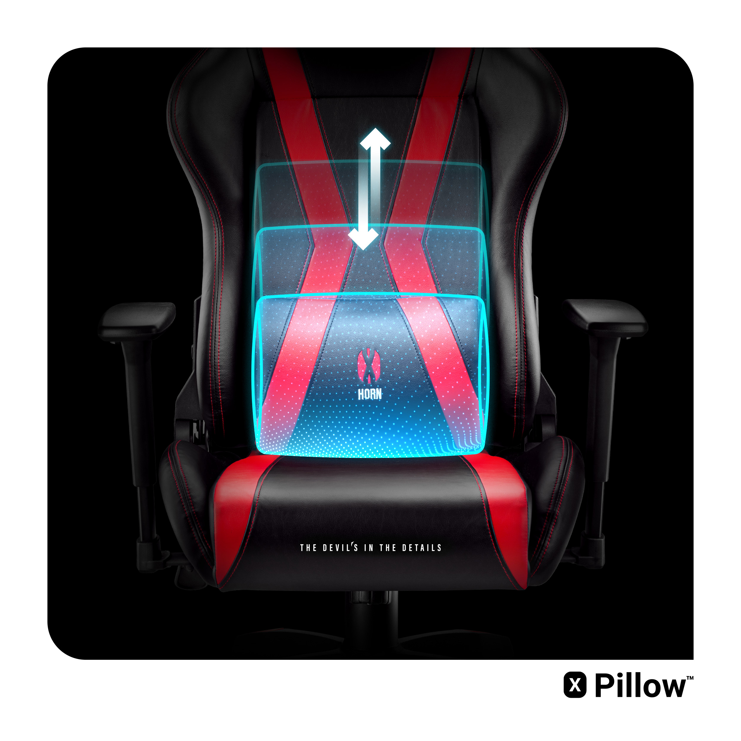 Krzesło gamingowe z czerwonymi akcentami i schematem regulowanego podparcia lędźwiowego. Czarne tło.