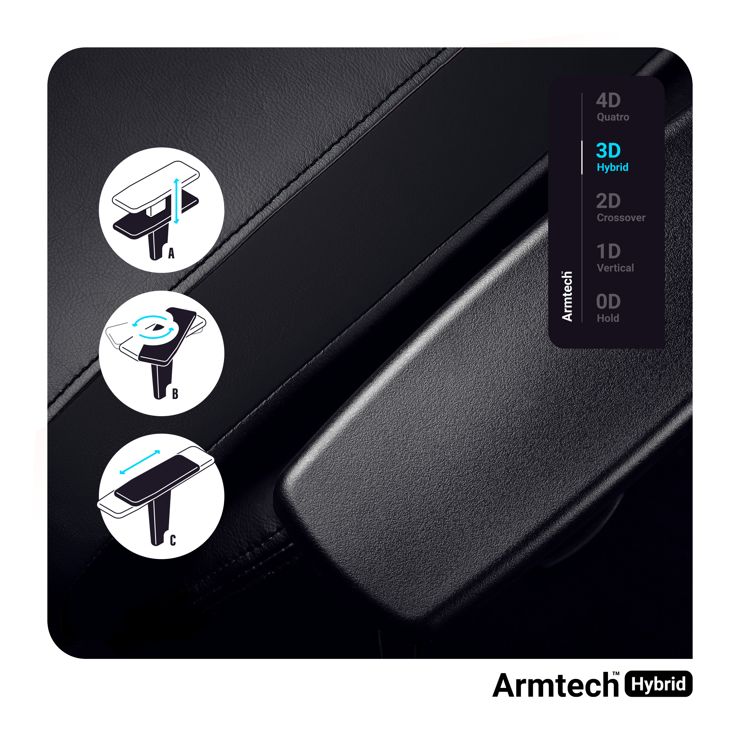 Czarny podłokietnik z diagramami pokazującymi różne pozycje regulacji i logo Armtech Hybrid.