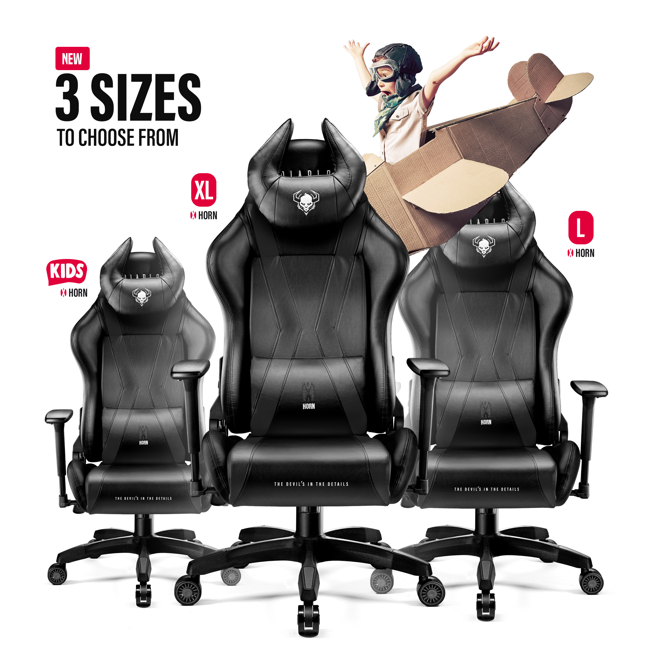 Gaming-Stühle in drei Größen: Kids, XL und L. Sie sind schwarz mit Teufelshörnern oben.