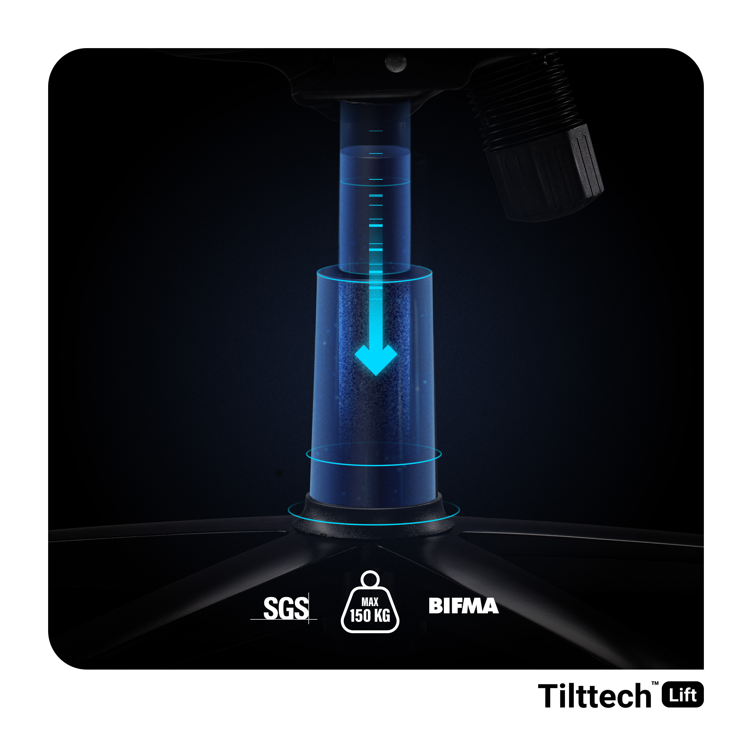 Czarna podstawa krzesła z regulowanym niebieskim mechanizmem podnoszenia. Max. 150 kg.