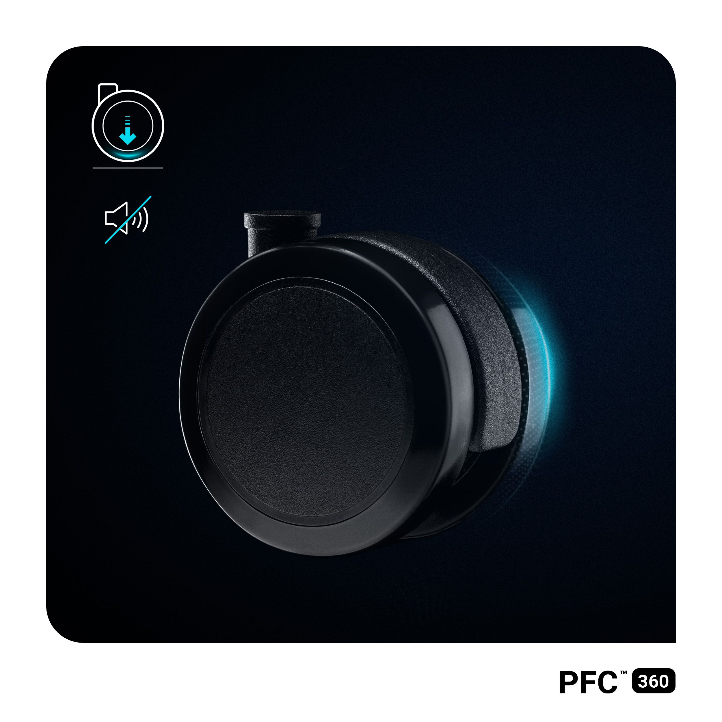 Czarne koło z niebieskim światłem i ikonami trybu cichego i timera.