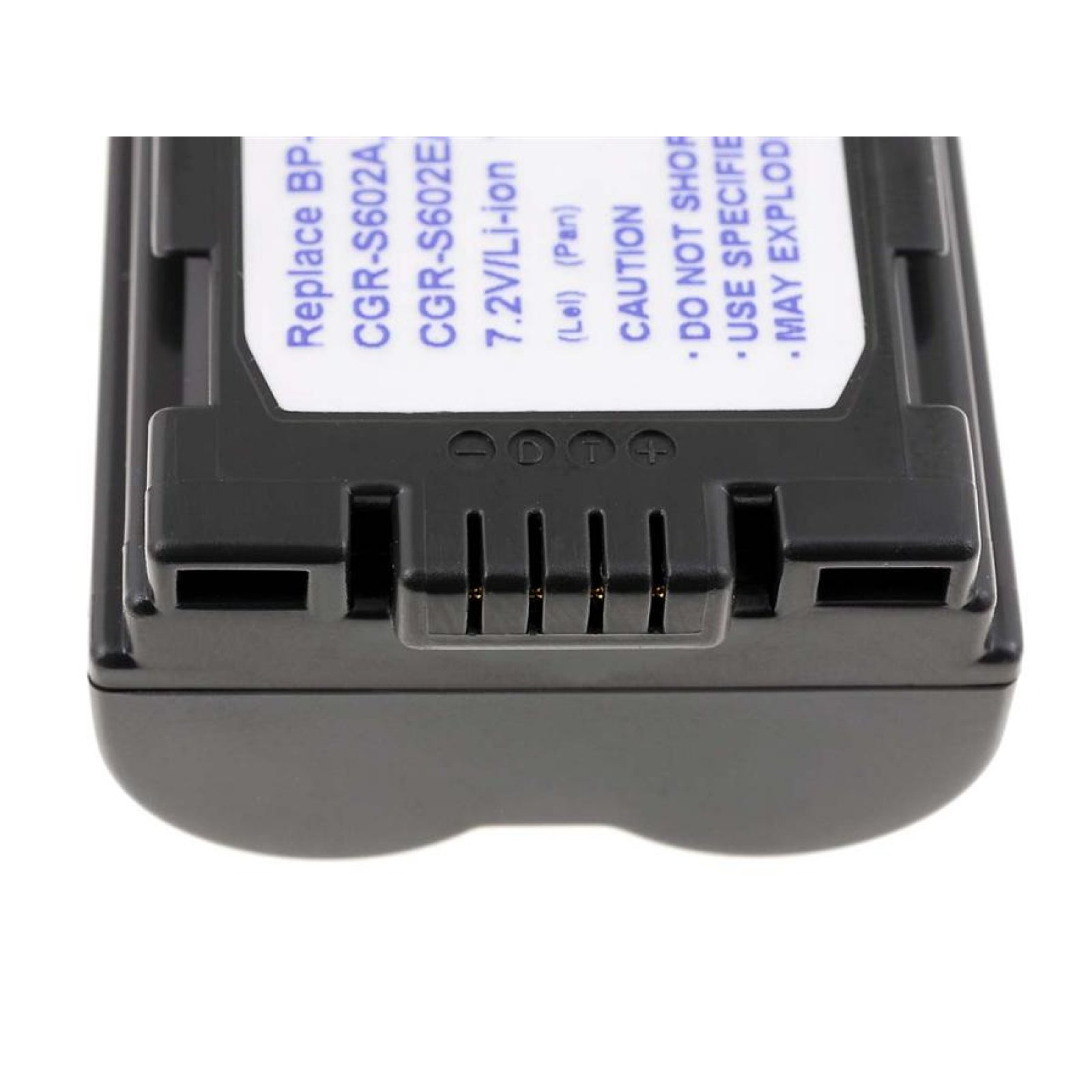 Batería negra con etiqueta blanca, texto. 7.2V/Li-ion. Carcasa de plástico negro. Fondo blanco.