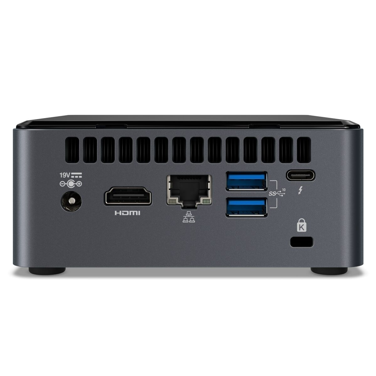 Mini-Computer mit Anschlüssen: HDMI, USB, Ethernet und Strom, auf weißem Hintergrund.