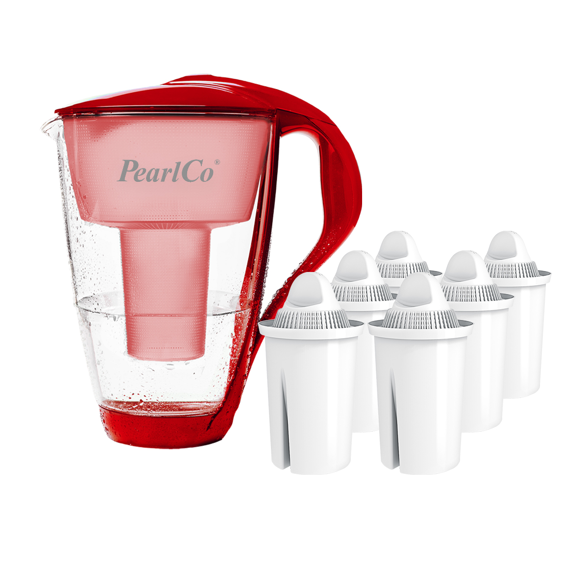 Roter Wasserfilter-Krug mit weißen Ersatzfiltern daneben.