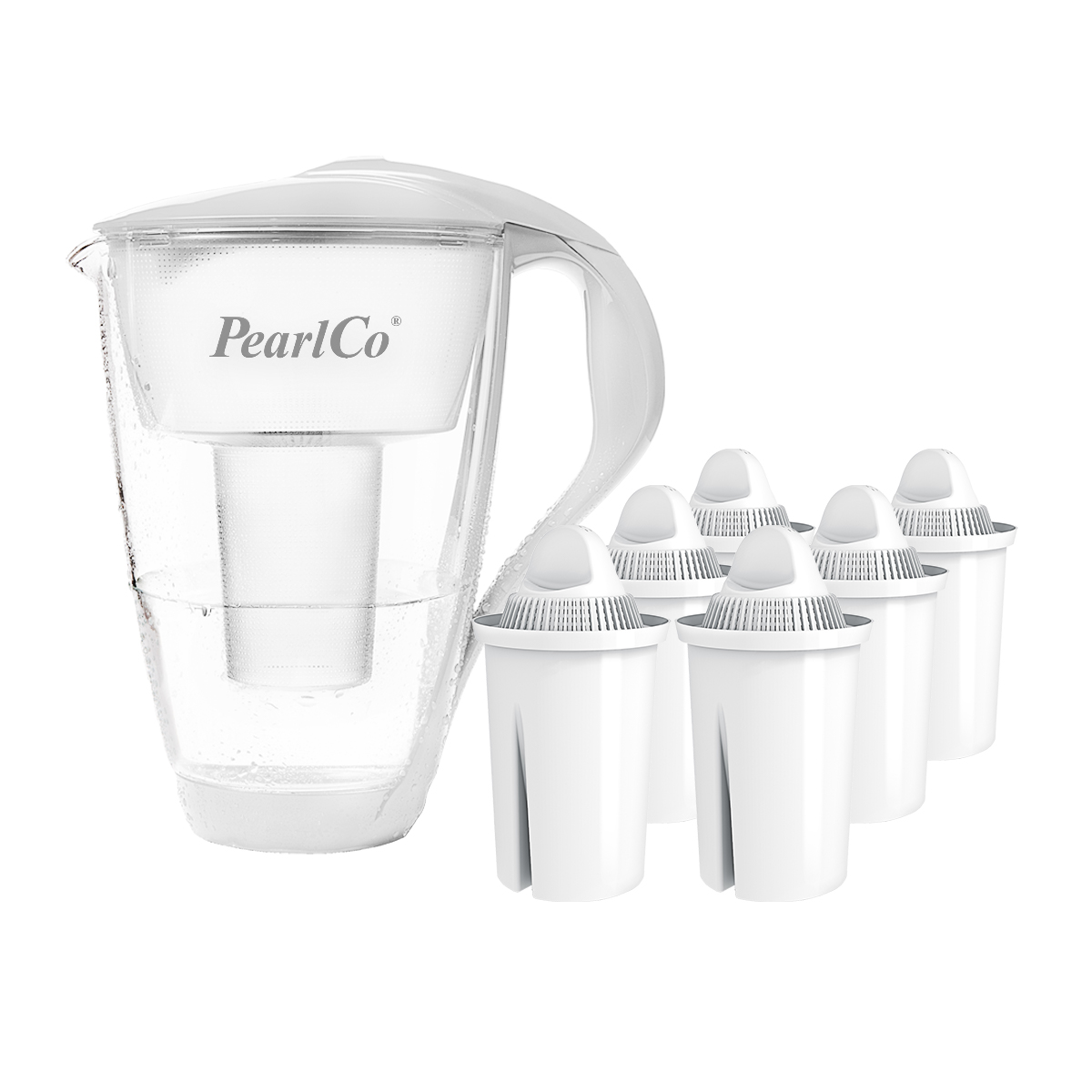 PEARLCO Glas-Wasserfilter weiß inkl. 6 Universal Filterkartuschen Wasserfilter