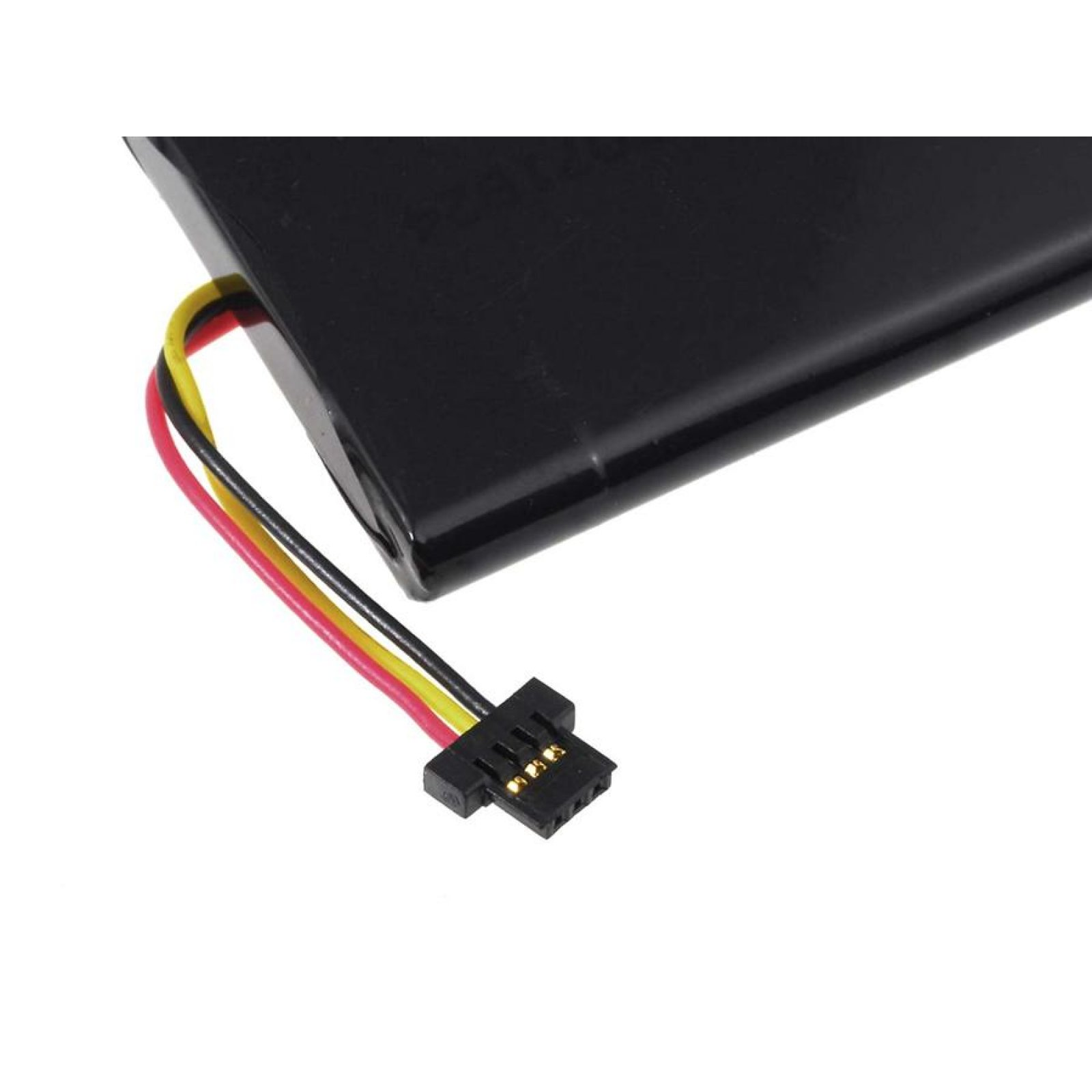Batería de teléfono negra con conector y cables. Los cables son amarillos, rojos y negros.