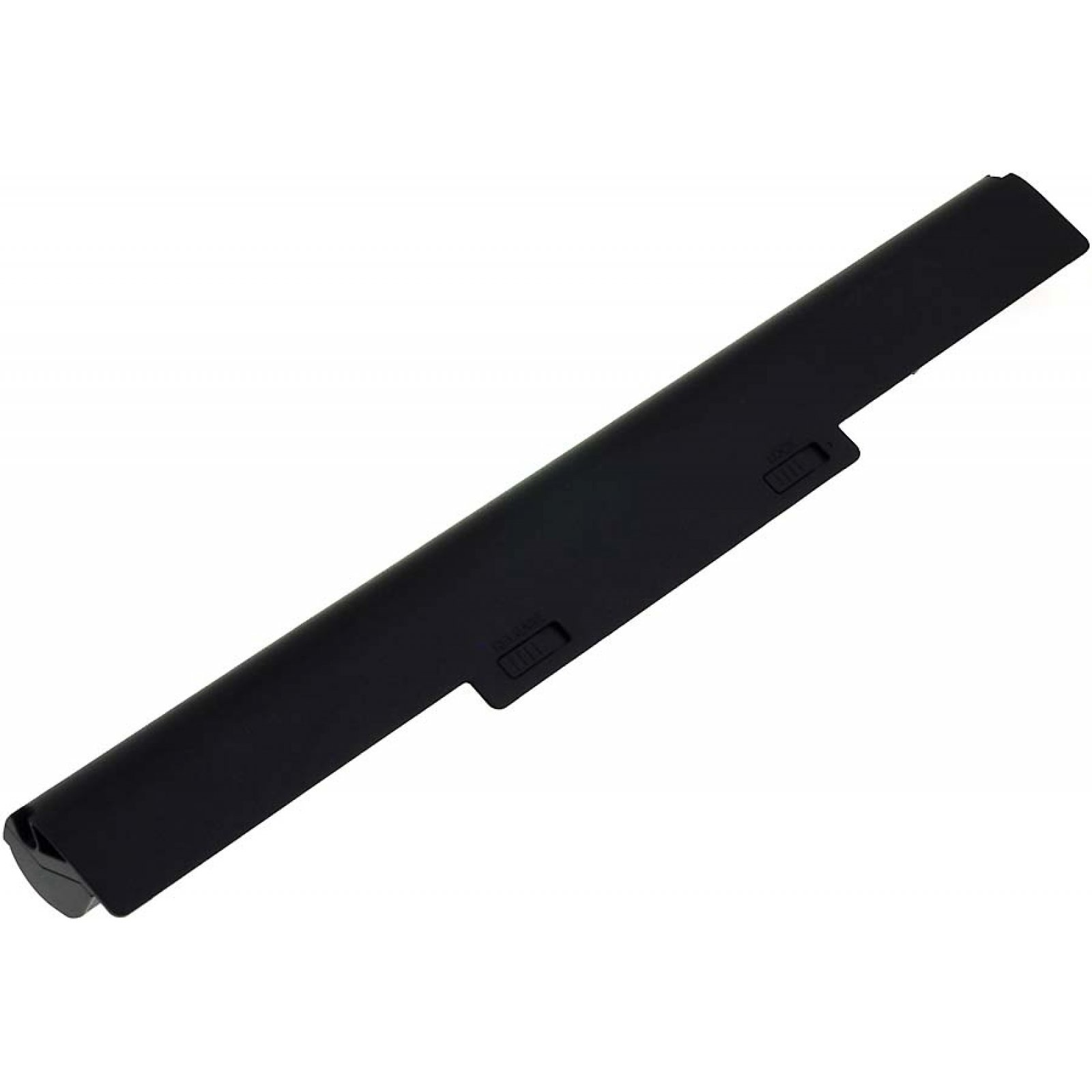 Batería de portátil negra, rectangular y larga, con dos interruptores deslizantes en un lado.