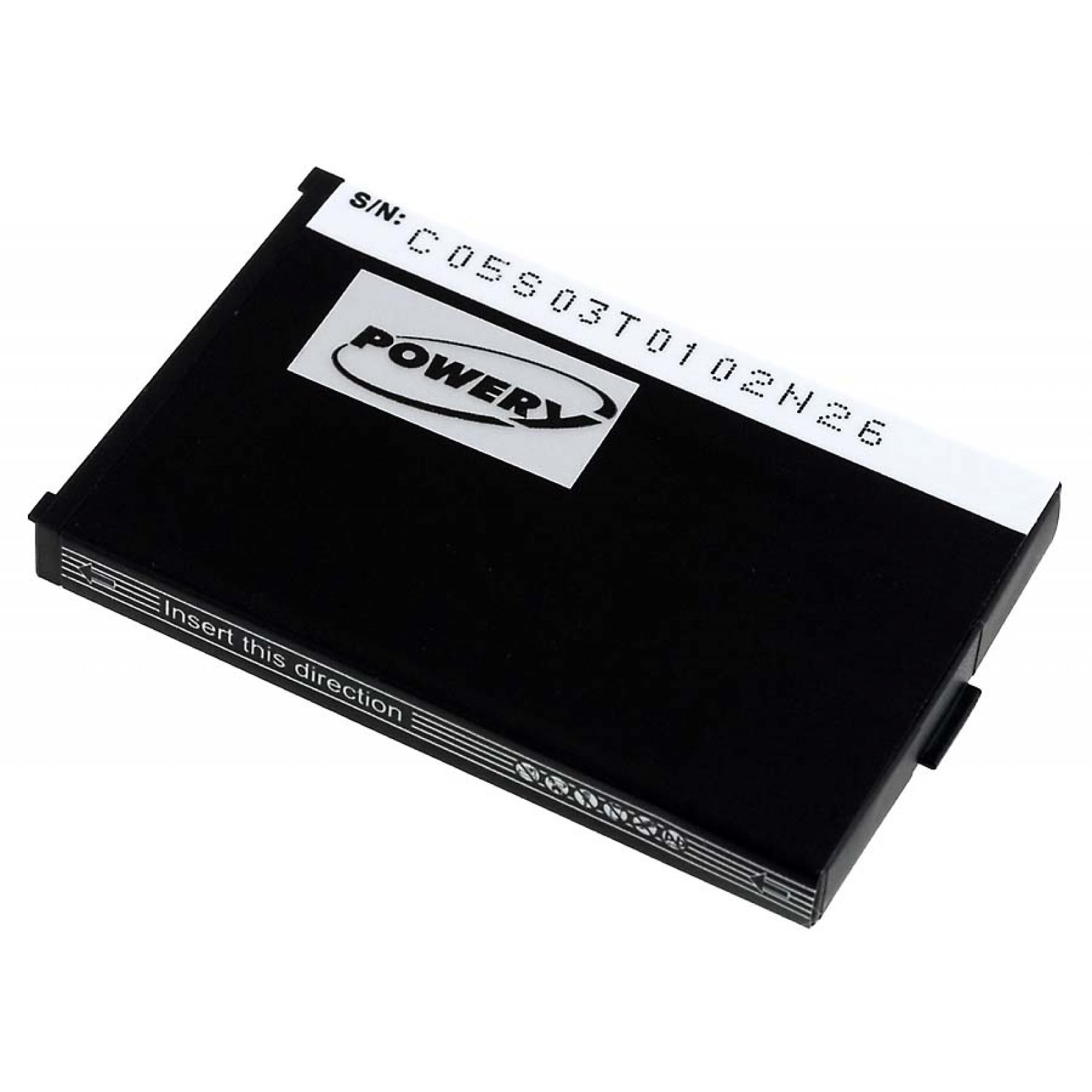 Una batería negra con la palabra POWER y la S/N: C 05503T0102H26. Dice Inserte en esta dirección.