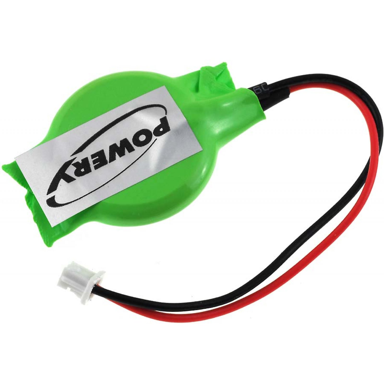 Una batería verde con cables y un conector blanco, etiquetada con "POWER". Los cables son negros y rojos.