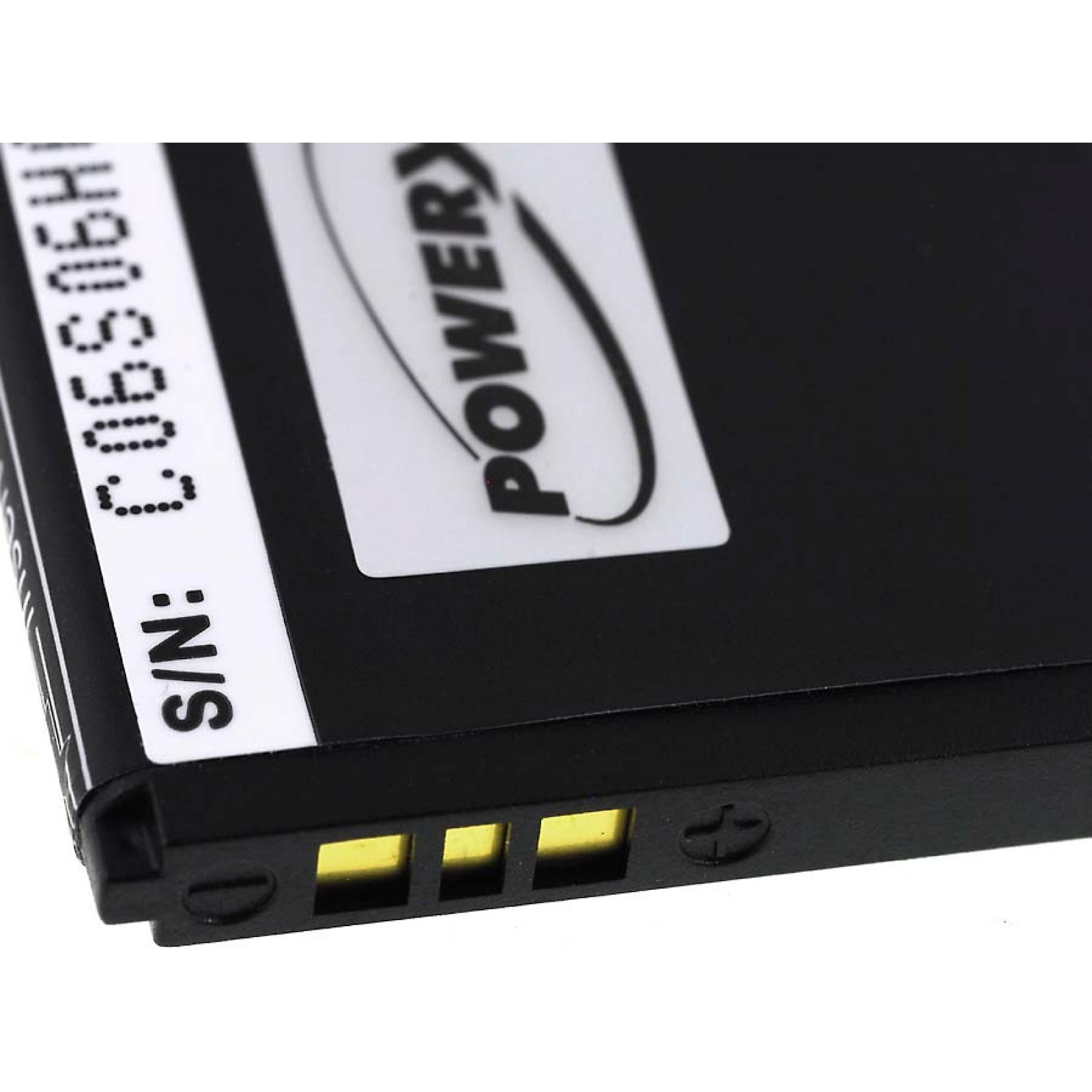 Una batería rectangular negra con una etiqueta blanca. La etiqueta muestra un número de serie y la palabra POWERX.