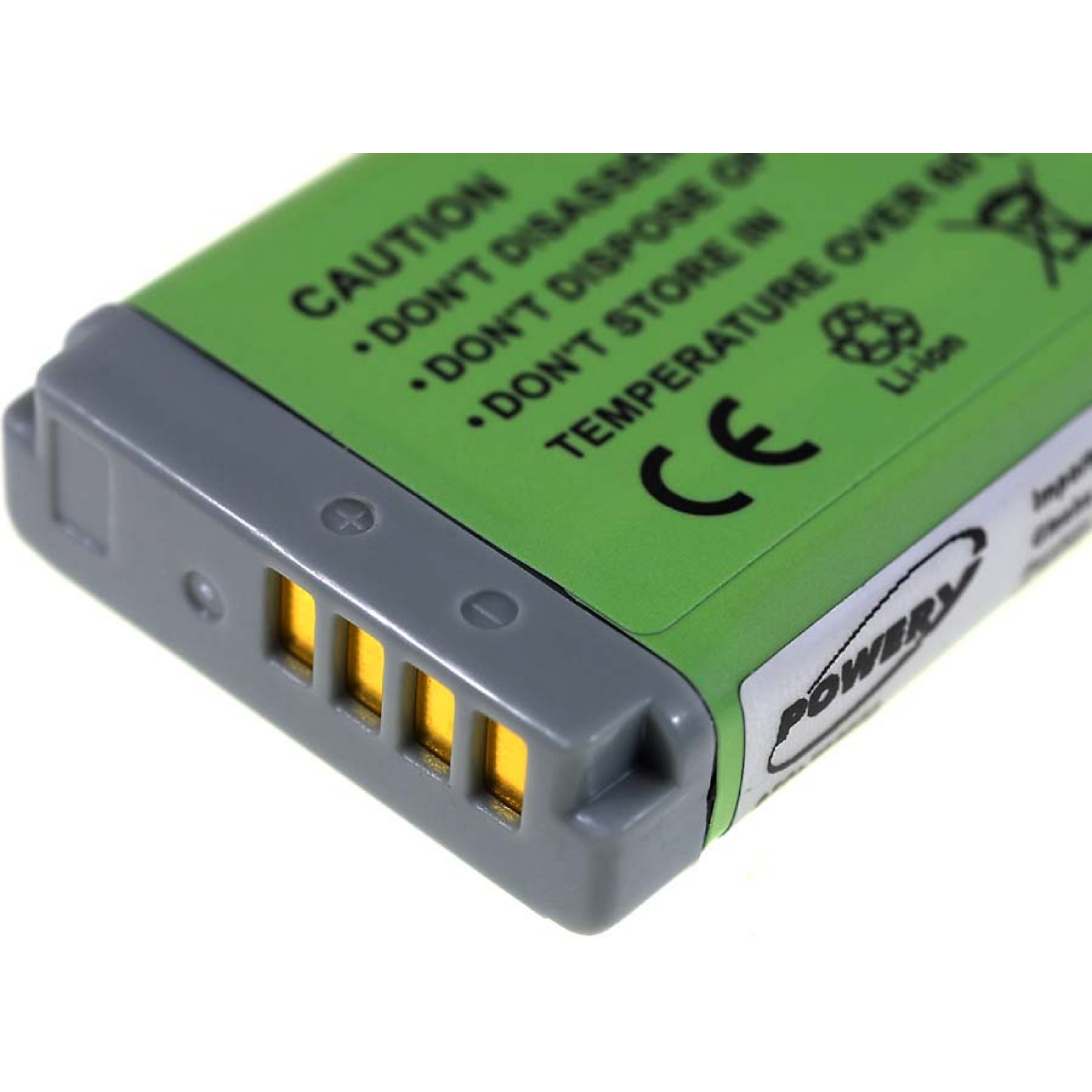 Una batería verde y gris con una etiqueta de advertencia y la marca CE. Tiene contactos dorados.