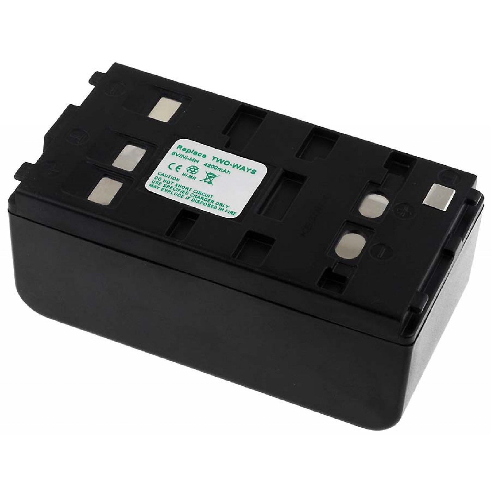 Una batería negra etiquetada como "Replace TWO-WAYS 6300mAh". La etiqueta muestra advertencias y especificaciones.
