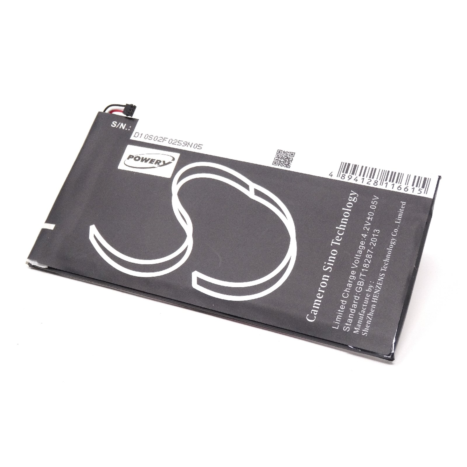 Batería negra con etiqueta blanca y diseño curvo, sobre fondo blanco.