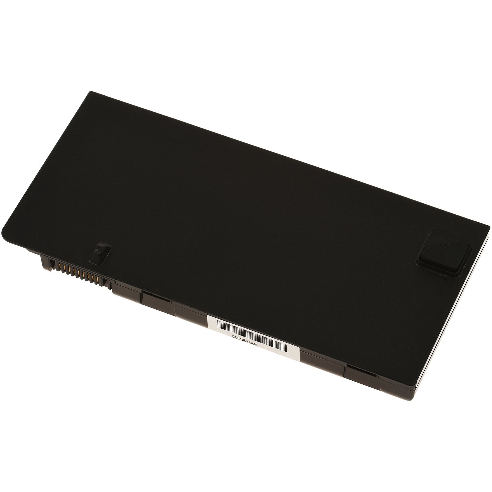 Batería negra para portátil. Forma rectangular con conector en un lado y etiqueta en otro.