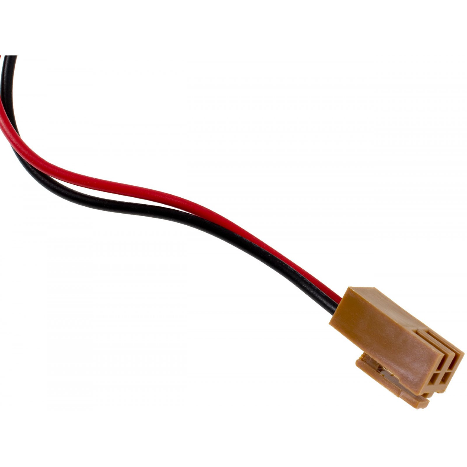 Conector marrón con dos cables, rojo y negro, sobre un fondo blanco.