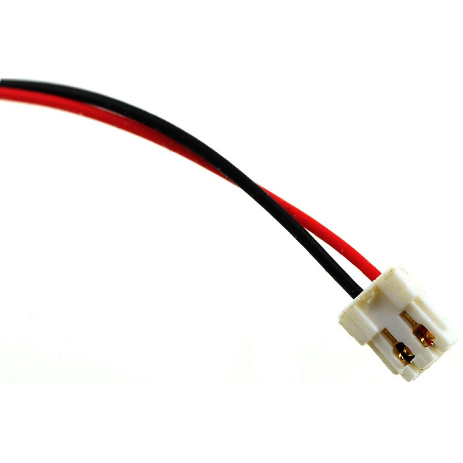 Conector blanco con dos cables: uno rojo y uno negro.