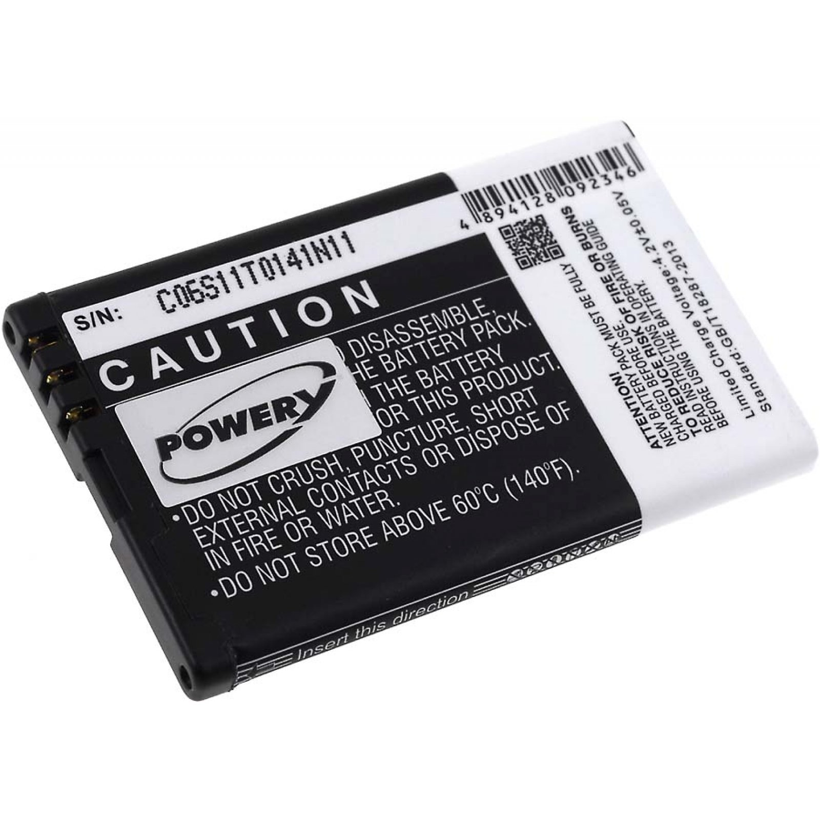Una batería negra con texto 'CAUTION' y 'POWER'. Tiene una etiqueta de advertencia y un número de serie.