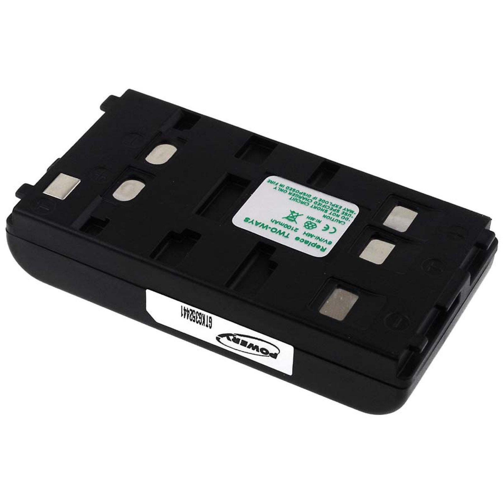 Batería negra rectangular con una etiqueta blanca con texto y una etiqueta de advertencia.