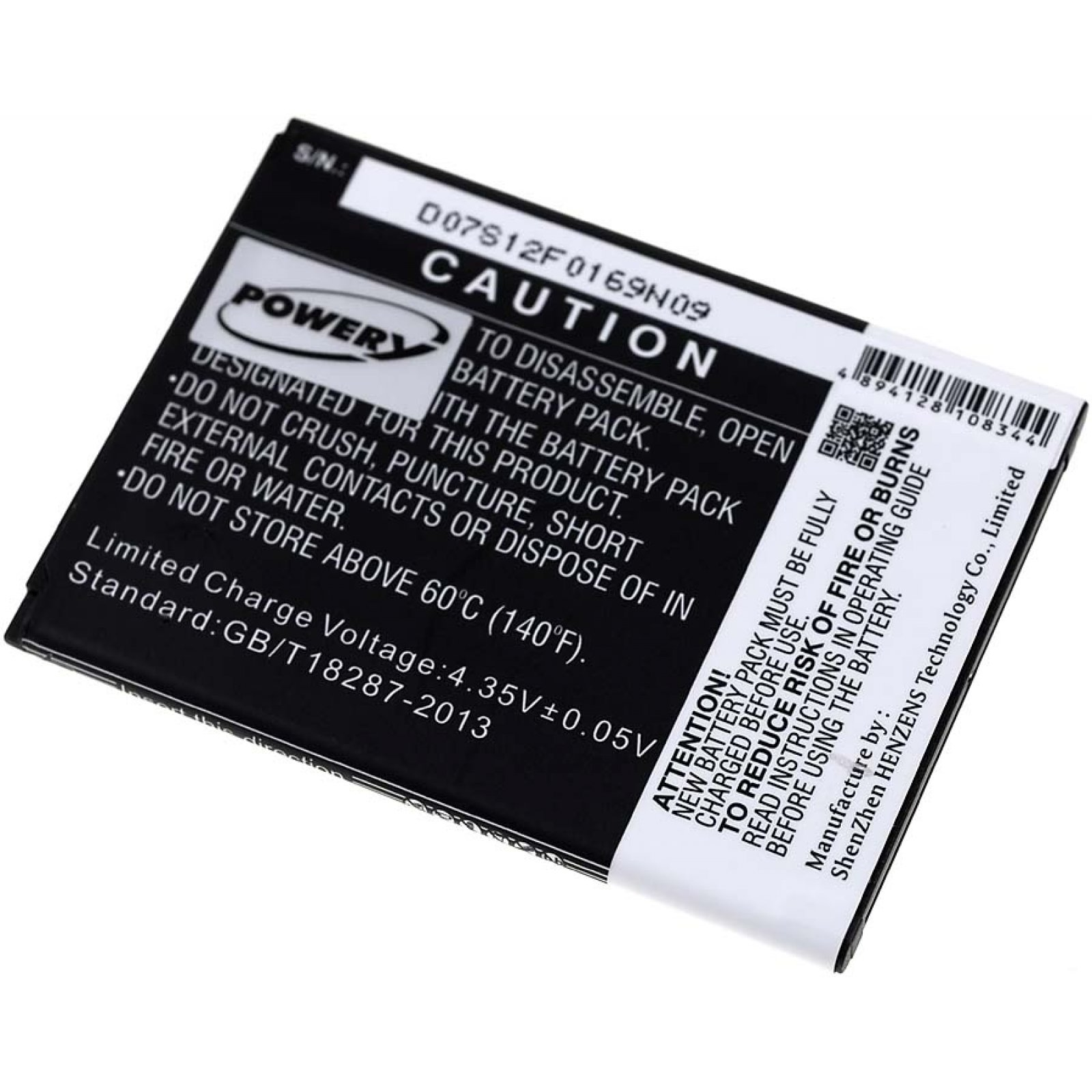 Batería negra con texto blanco. Precaución, advertencias y voltaje. Fondo blanco y negro.