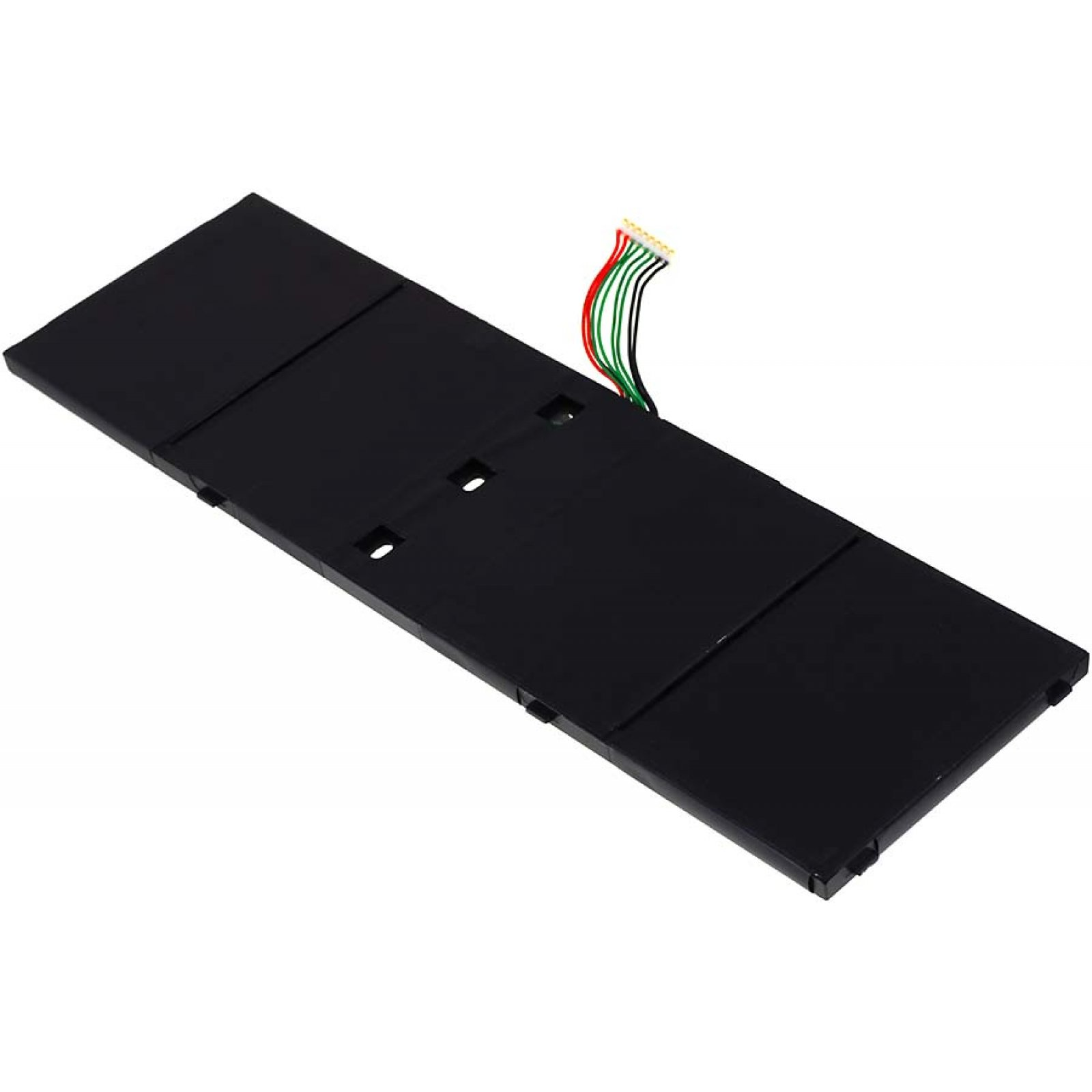 Batería negra con algunos agujeros y un cable multicolor a la derecha.