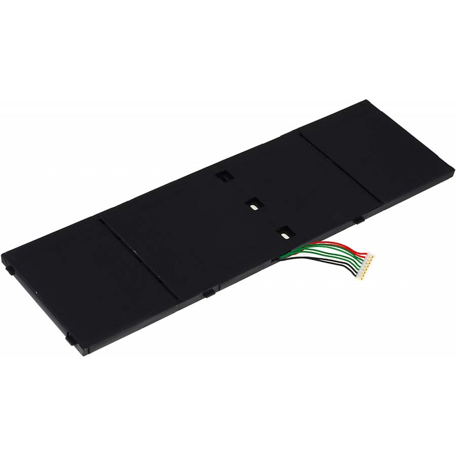 Paquete de batería rectangular negro con un conector de cable multicolor. Aislado sobre fondo blanco.