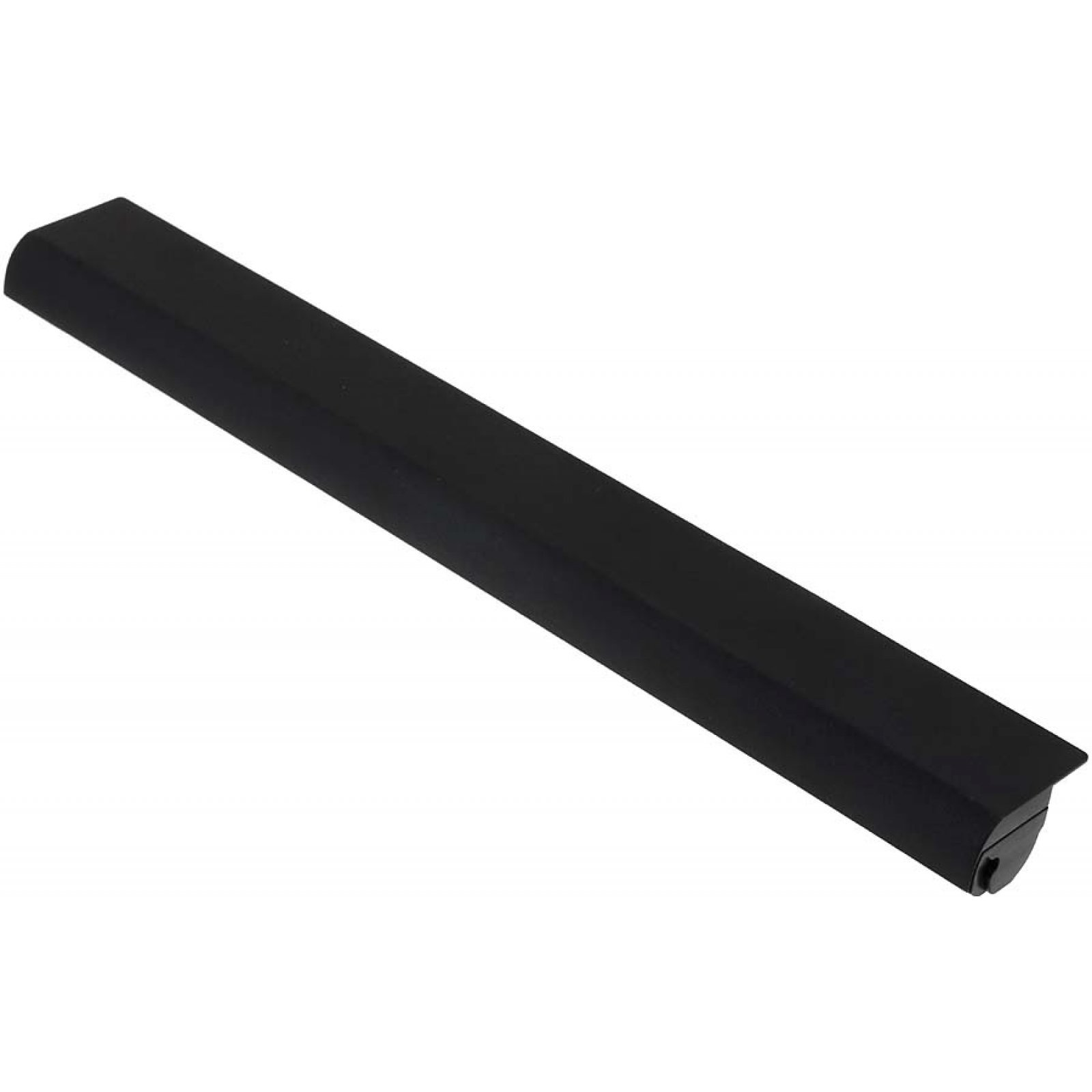 Una pieza larga de plástico negro, posiblemente un componente de batería de portátil, con superficie lisa.