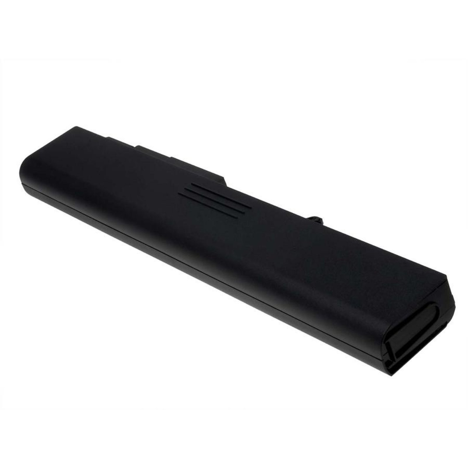 Una batería negra rectangular para portátil sobre fondo blanco.