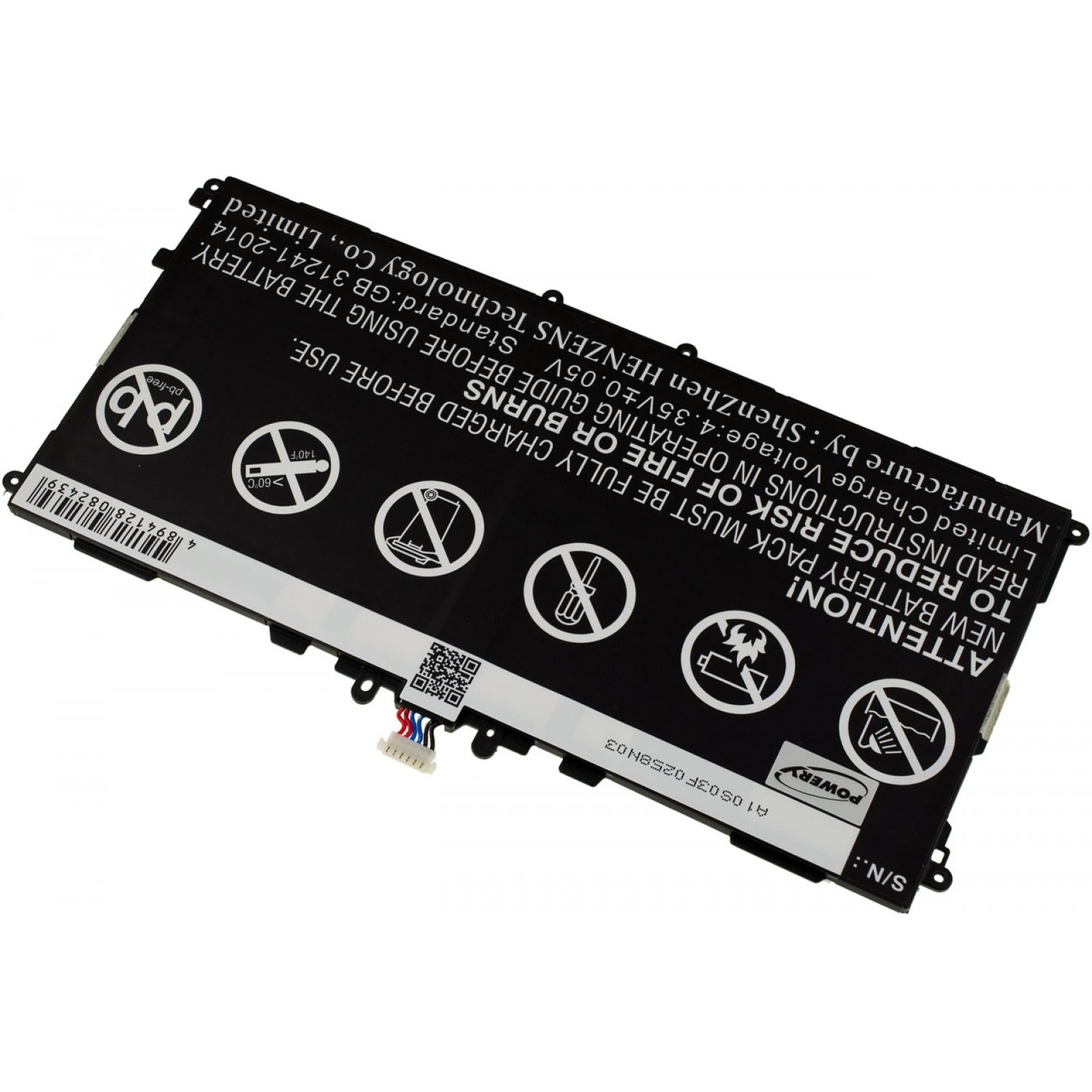 Batería en blanco y negro con etiquetas de advertencia.
