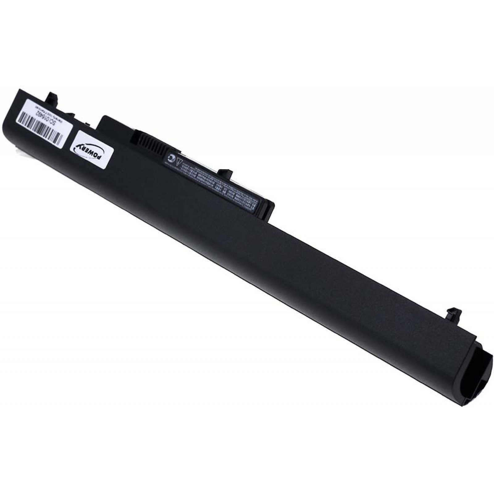 Batería negra de portátil con etiqueta blanca y conector, en ángulo sobre fondo blanco.