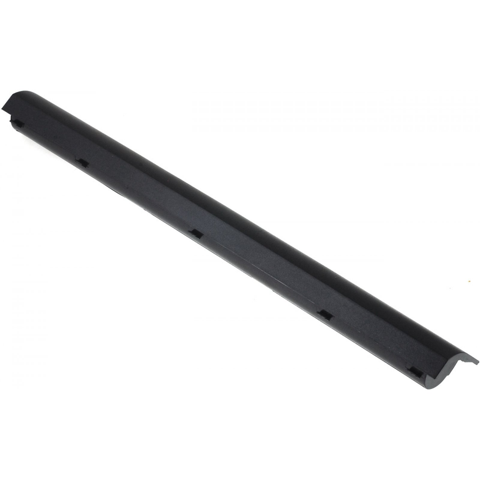 Batería negra, larga y rectangular para portátil. Se ven varias muescas pequeñas a lo largo.