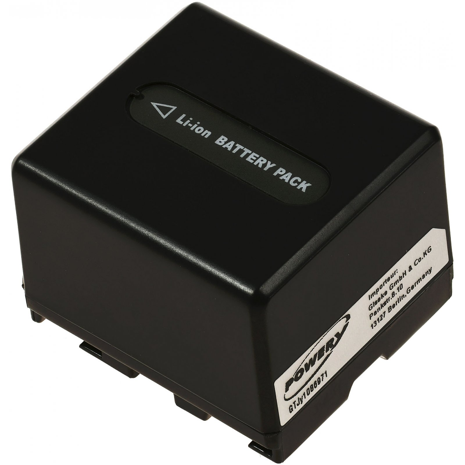 Paquete de baterías Li-ion negro. Batería negra con texto y etiqueta blanca. Forma cuadrada.