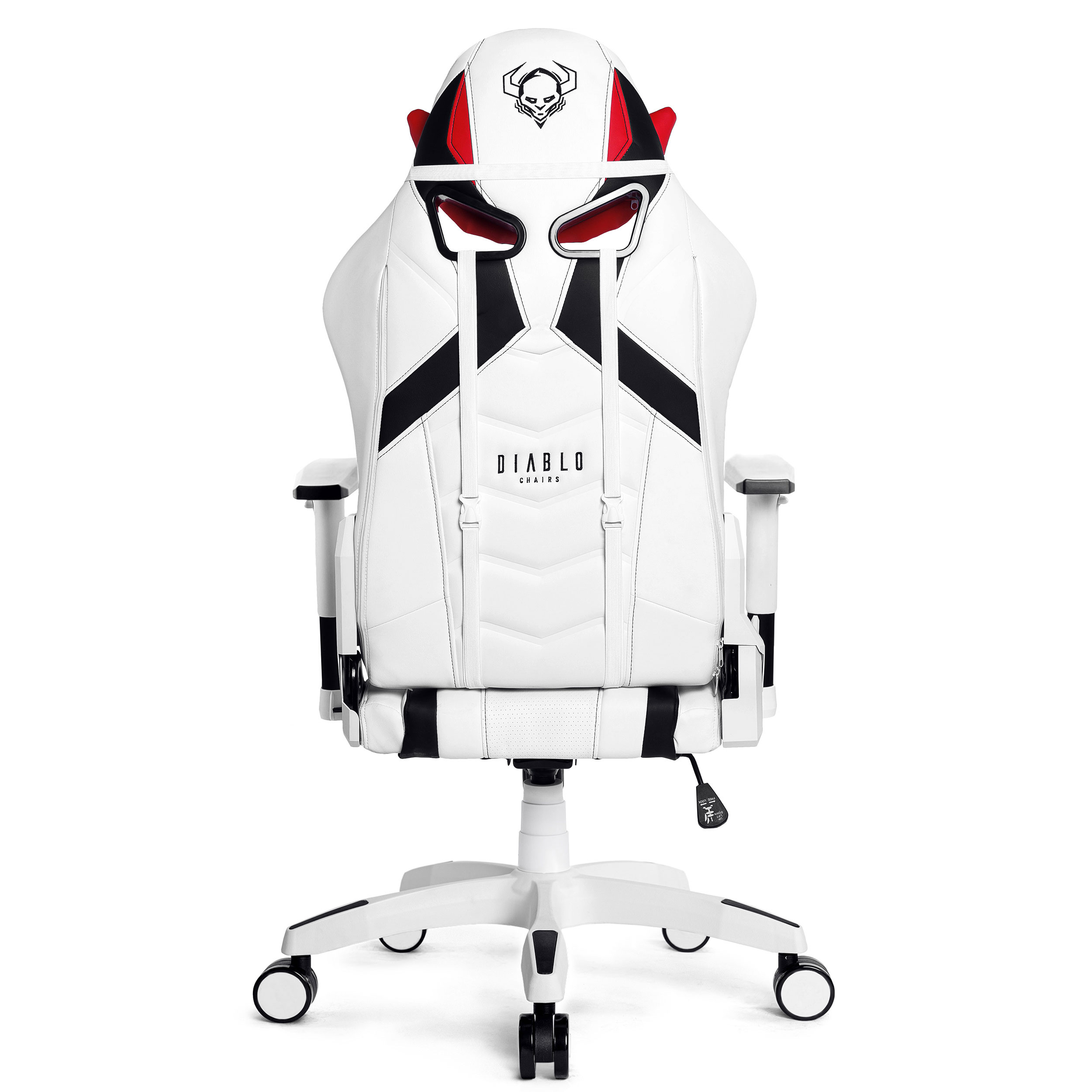 Białe krzesło do gier z czerwono-czarnym designem. Posiada logo Diablo i białą podstawę.