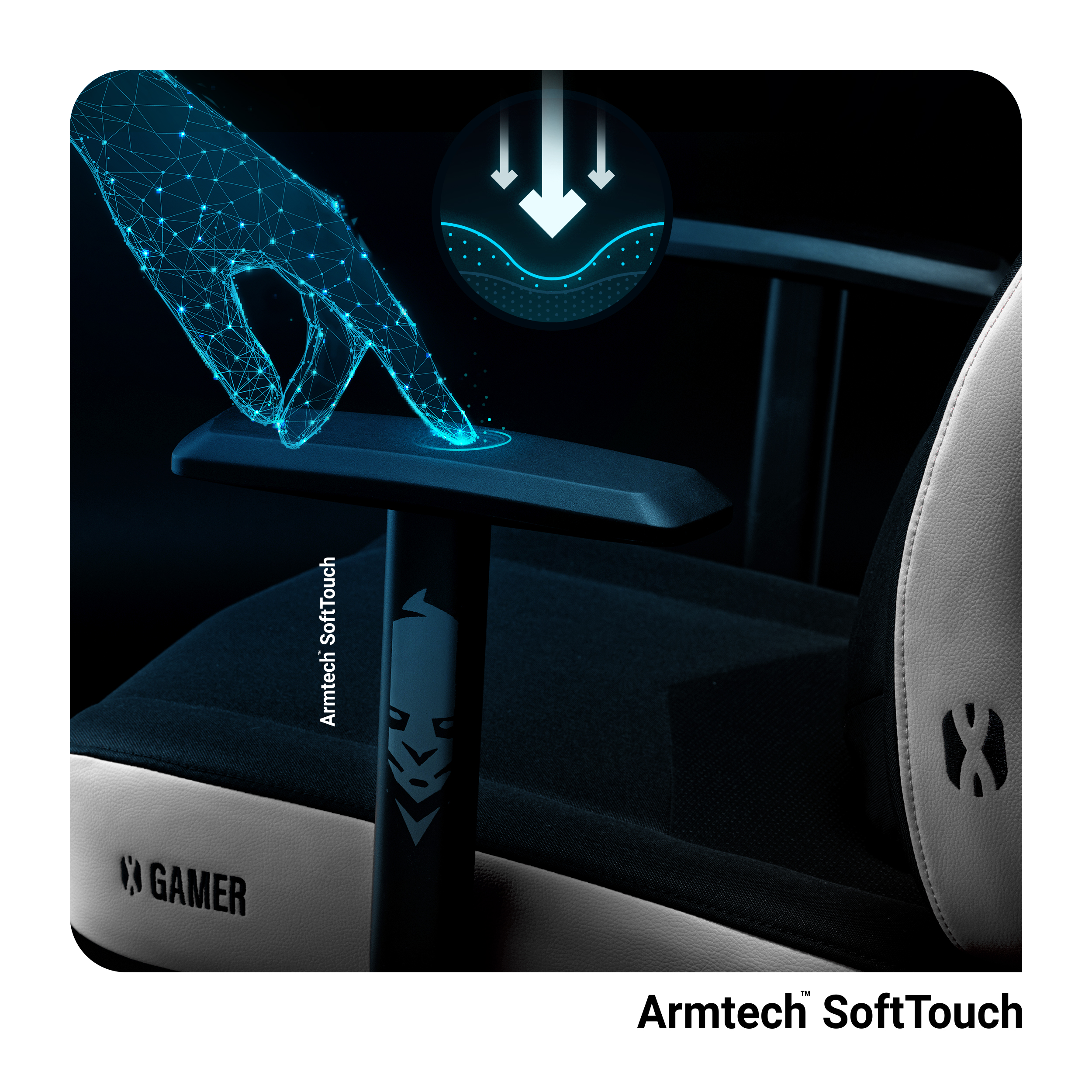 Podłokietnik fotela gamingowego z miękkim dotykiem. Dłoń dotyka podłokietnika. Logo Gracza.