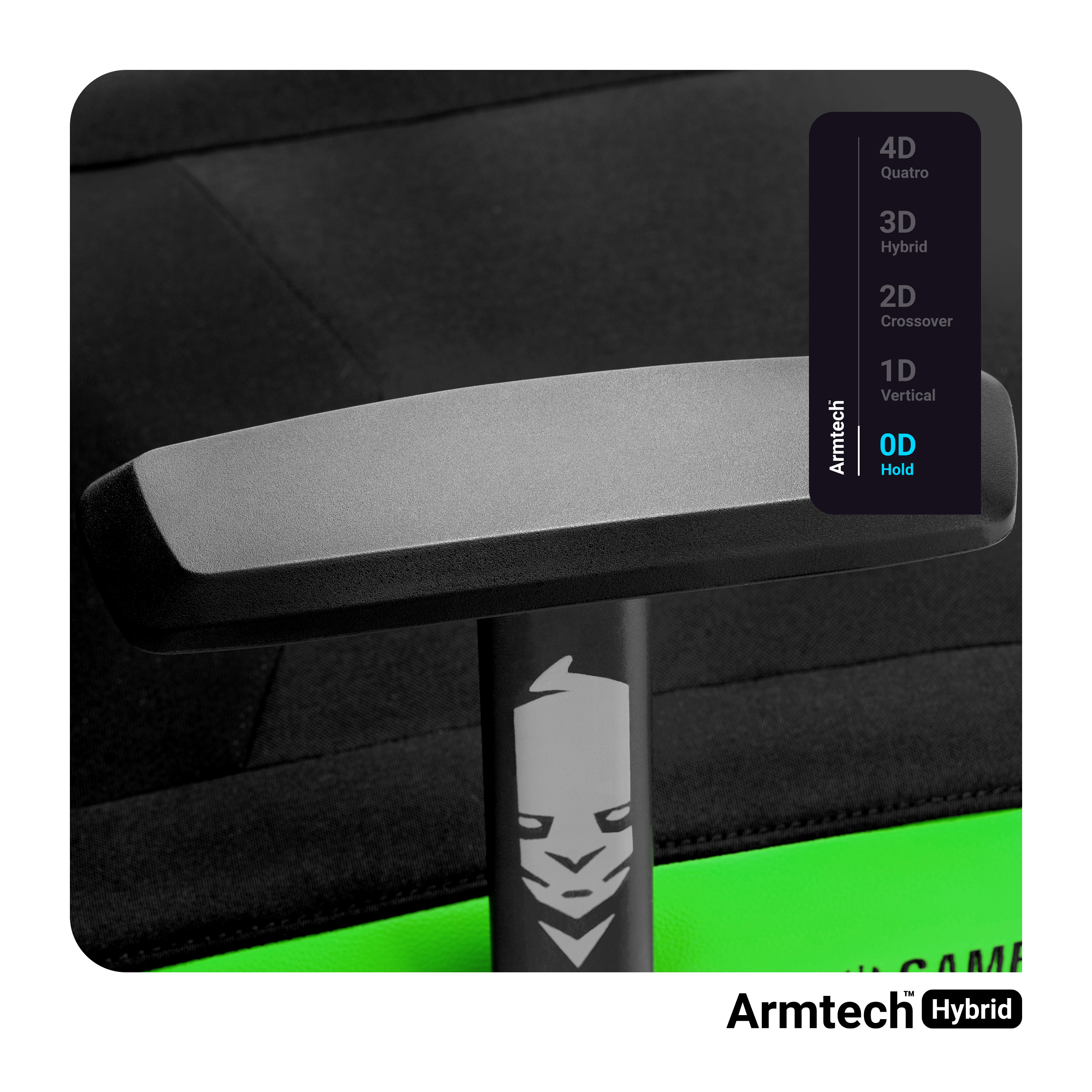 Zbliżenie czarnego podłokietnika z logo Armtech Hybrid i wykresem pokazującym pozycje podłokietników.