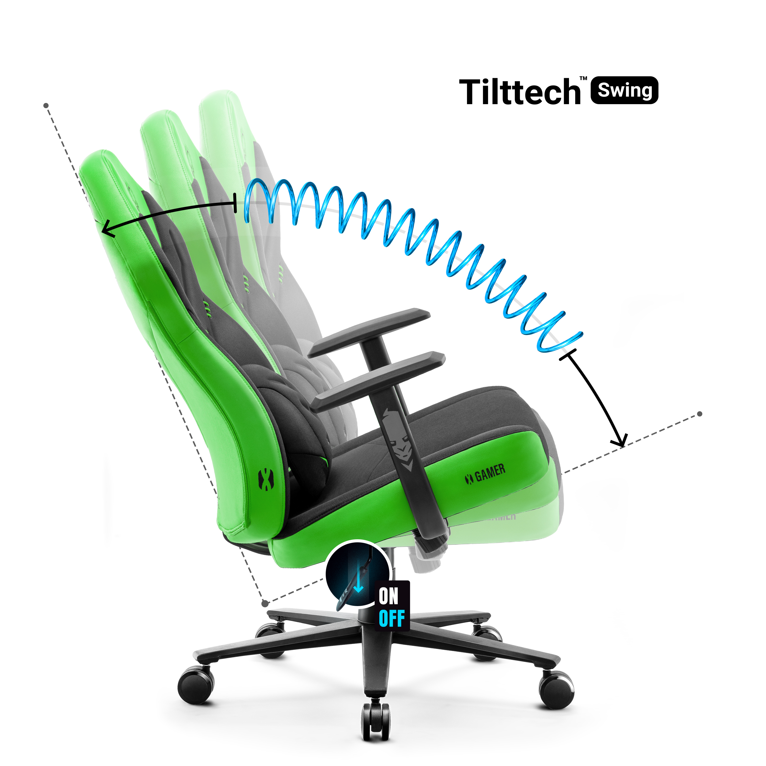 Zielony fotel gamingowy demonstrujący Tilttech Swing z włącznikiem/wyłącznikiem.