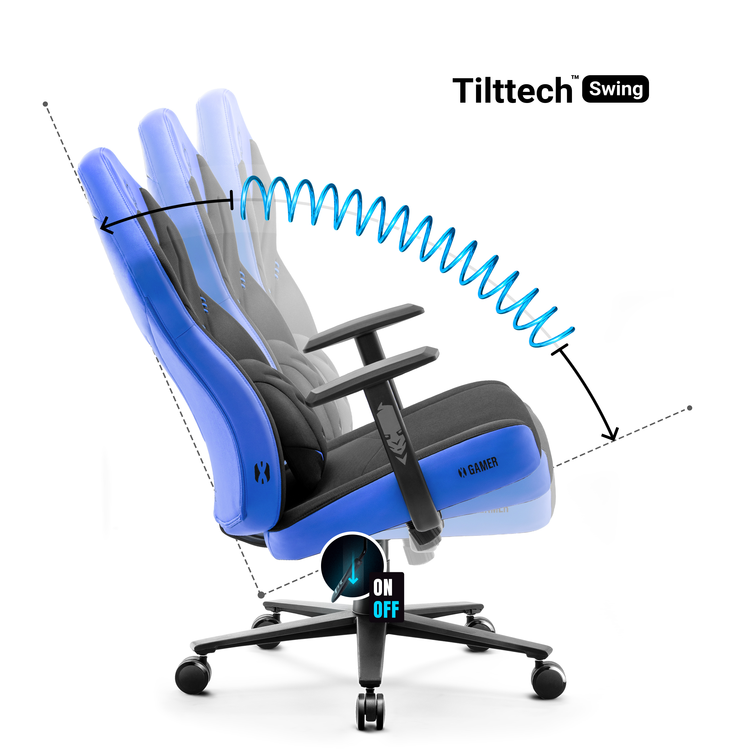 Niebiesko-czarny fotel do gier pochylający się do tyłu, z ilustracją przycisku włączania/wyłączania.
