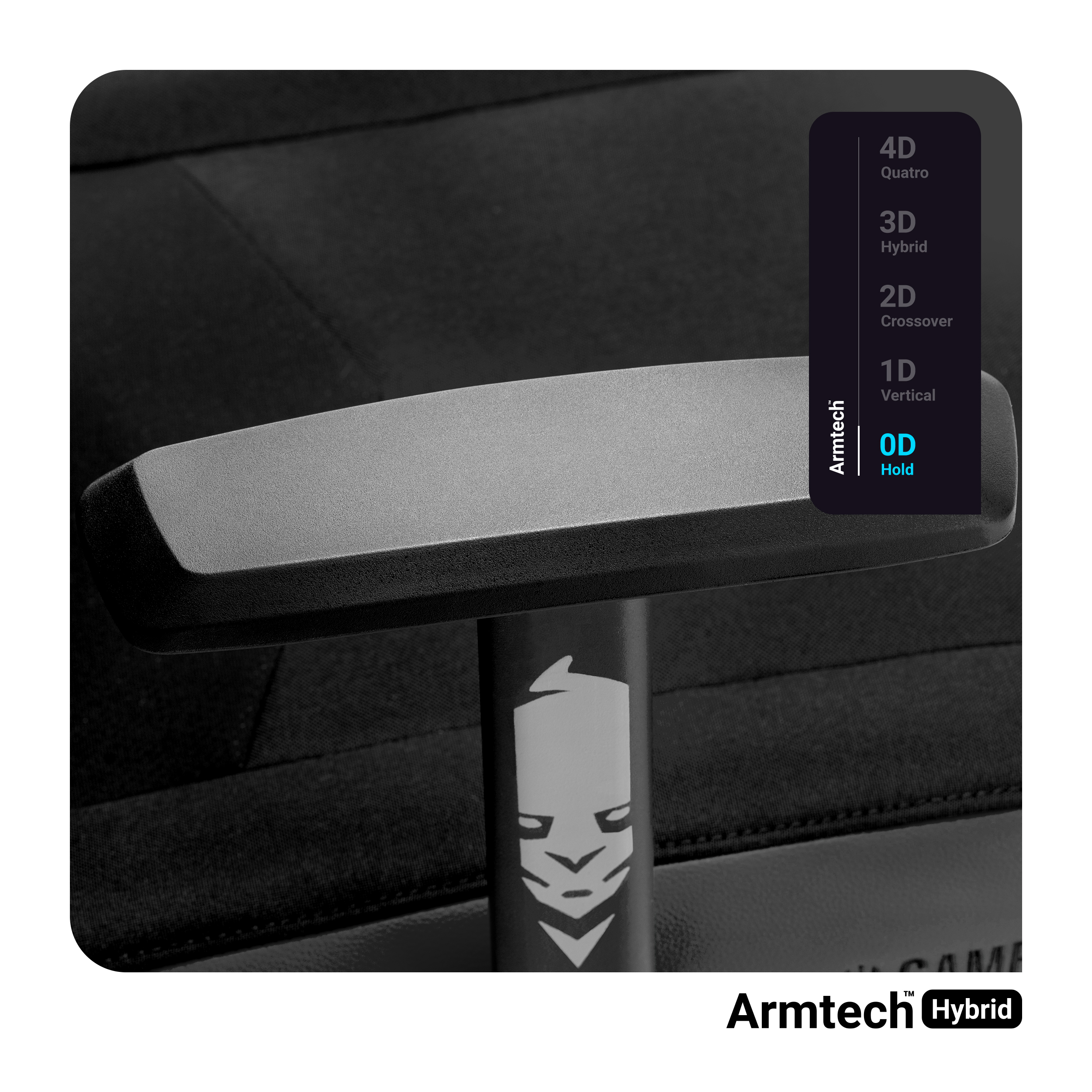 Czarny podłokietnik z tekstem 'Armtech Hybrid', logo i listą opcji 4D, 3D, 2D, 1D i 0D.