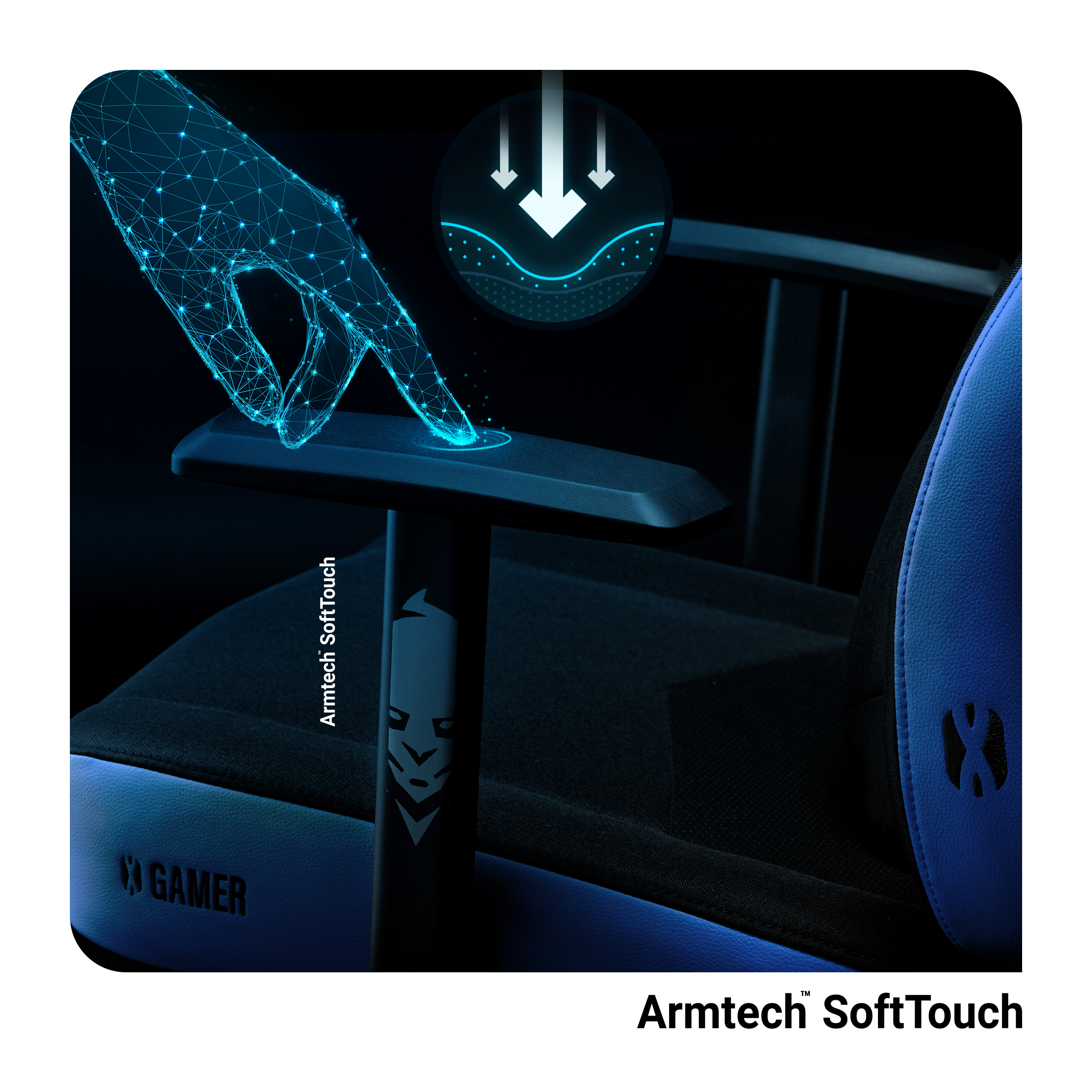 Dłoń dotykająca czarnego podłokietnika. Diagram pokazuje nacisk. Tekst: Armtech SoftTouch. Czarny/niebieski fotel gamingowy.