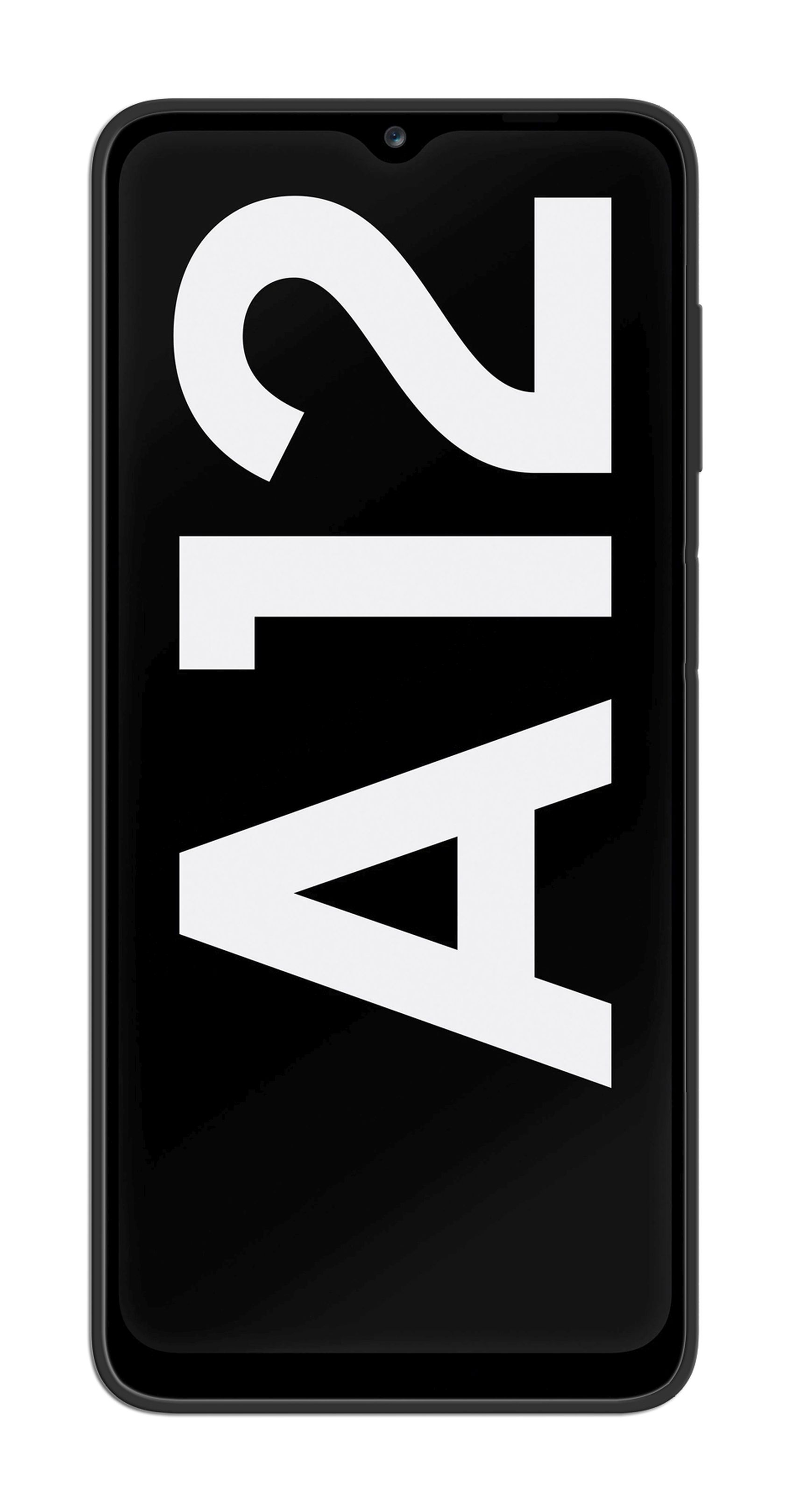 Schwarzes Smartphone mit dem Text 'A12' in Weiß auf dem Bildschirm.
