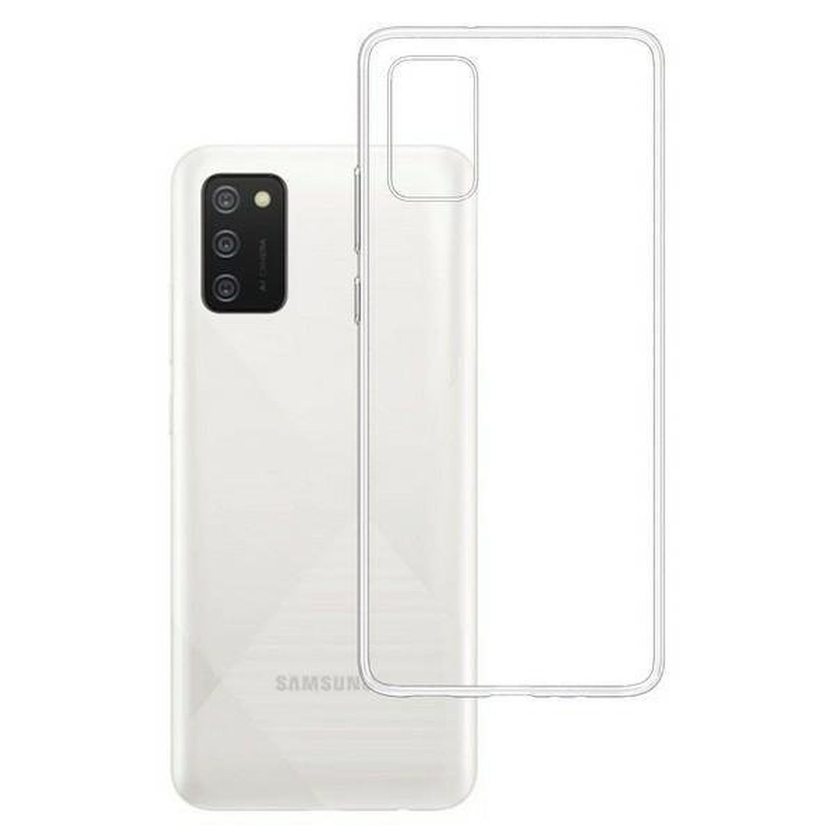 Weißes Telefon mit einer transparenten Hülle. Das Telefon ist links.