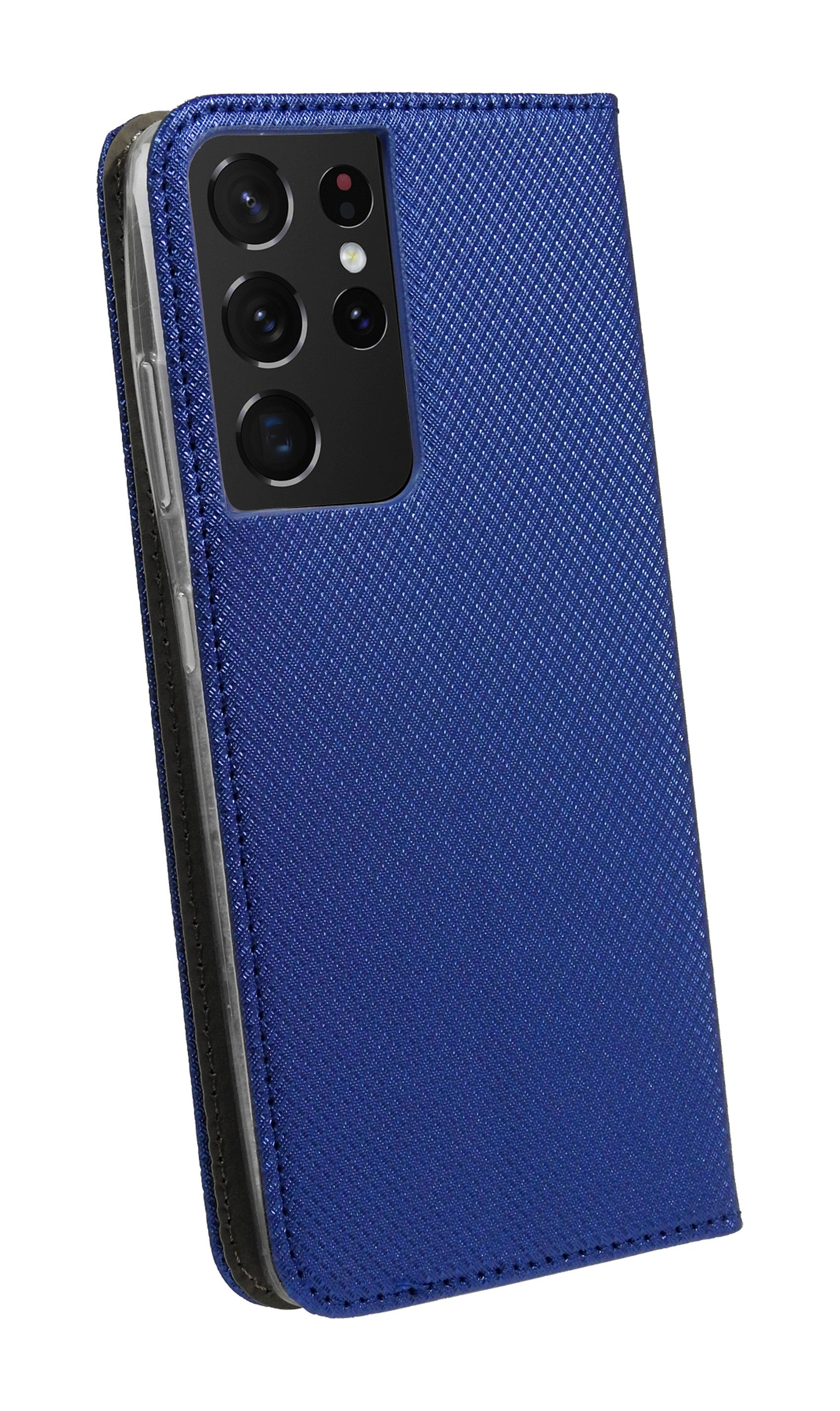 Blaue Handyhülle mit Telefon. Hülle hat strukturierte Oberfläche. Schwarze Kameralinsen sichtbar.