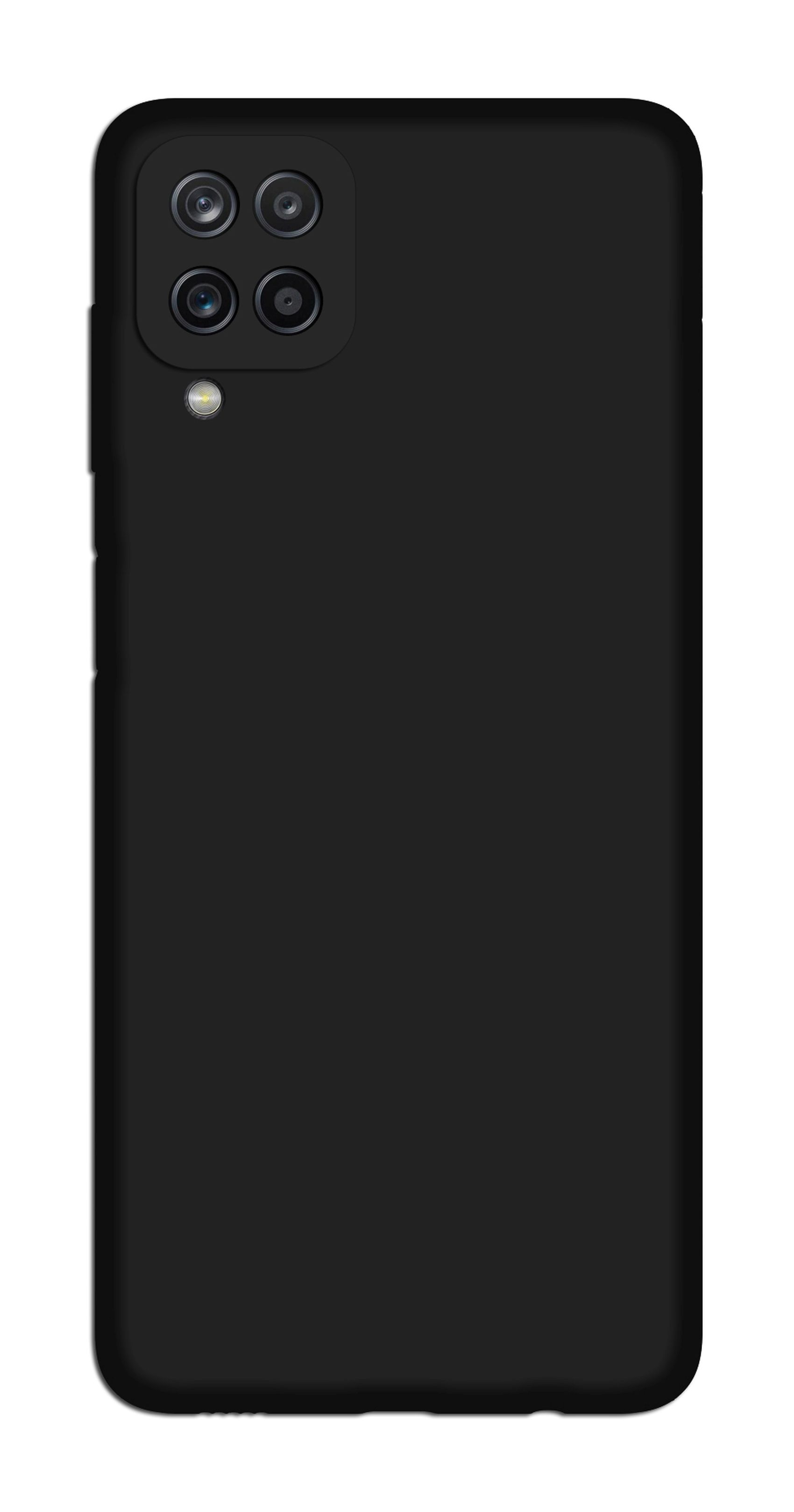 Schwarzes Smartphone, Rückansicht. Hat ein Kameramodul mit vier Linsen.