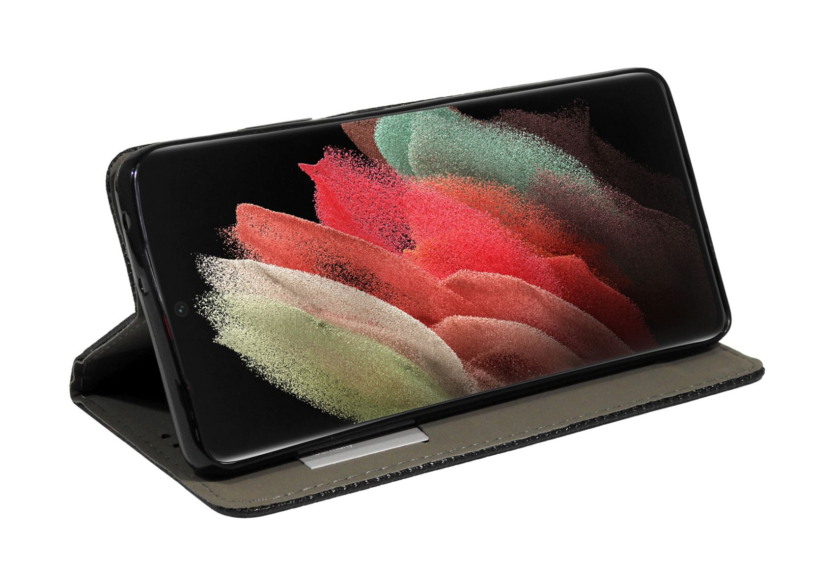 Ein schwarzes Smartphone in einer Hülle, geöffnet, zeigt ein abstraktes rotes, grünes und weißes Muster auf dem Bildschirm.