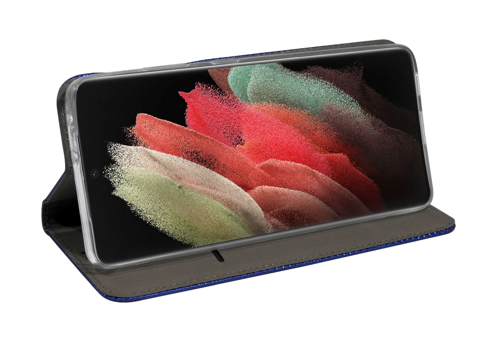 Telefon in blauer Hülle, Bildschirm mit farbenfroher abstrakter Kunst. Hülle ist auf weißem Hintergrund geöffnet.