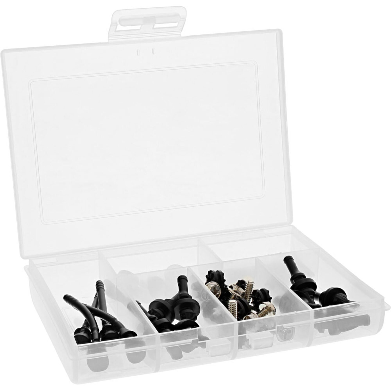 Kleine Hardware-Komponenten in einem transparenten Kunststoff-Organizer.