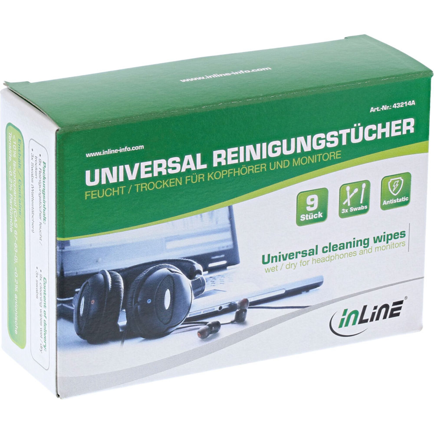 INLINE InLine® Kopfhörer Universal für nass/trocken und Reinigungstücher Reinigung