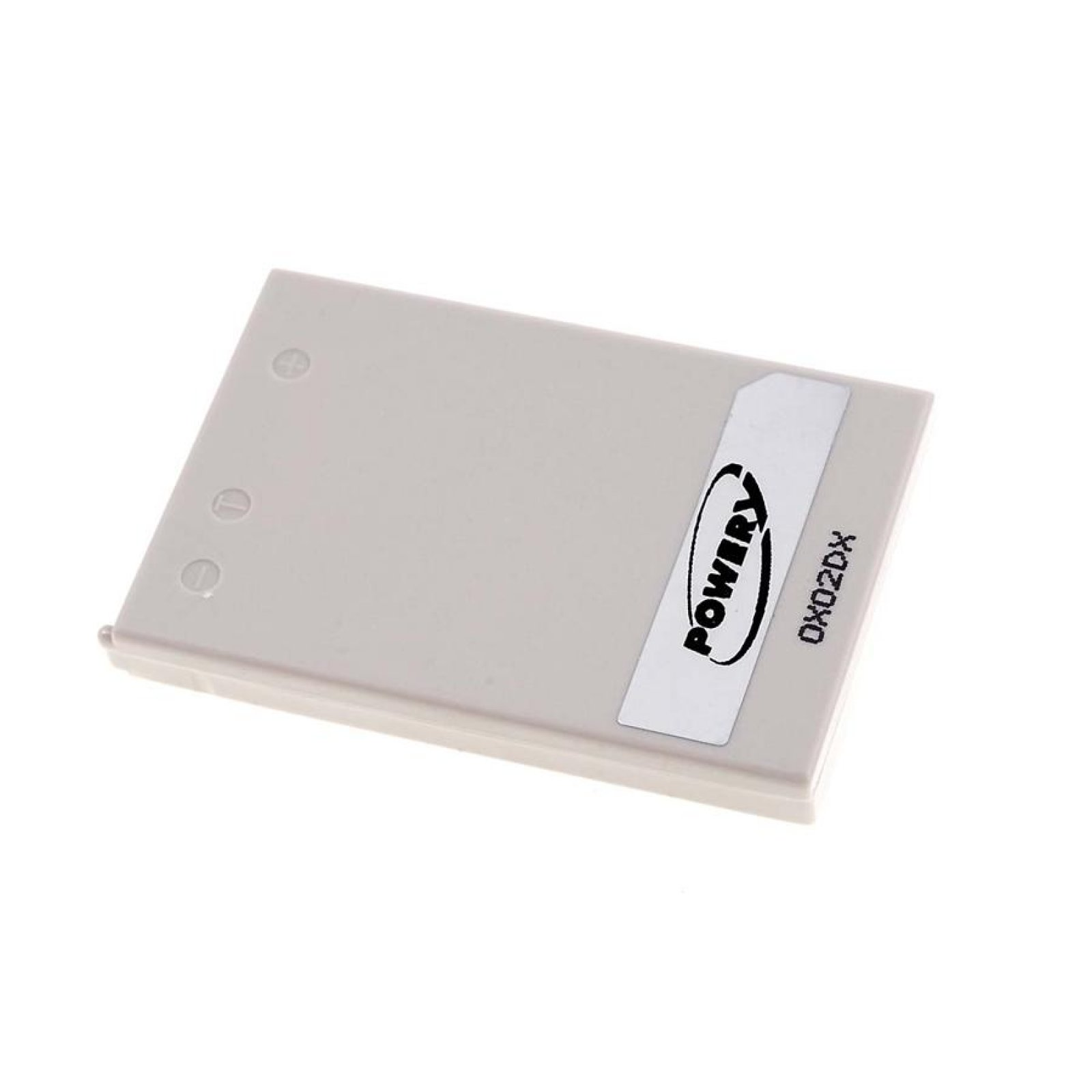 Una batería rectangular blanca con una etiqueta que dice "Powery" sobre un fondo blanco.